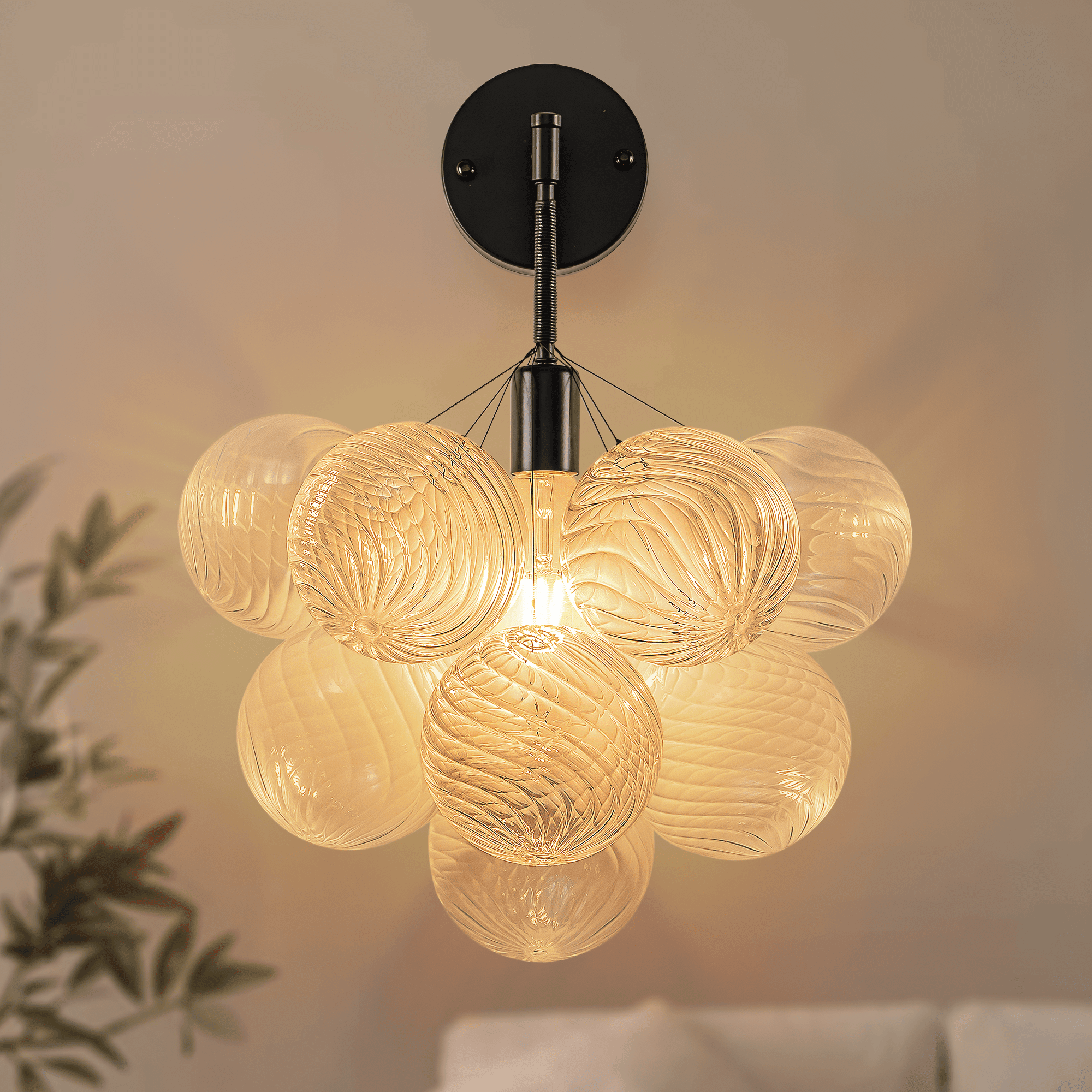 Bubbles Wall Lamp Clear And Ribbed Balls Black Frame And Cord - BeyPan Hauptbild
