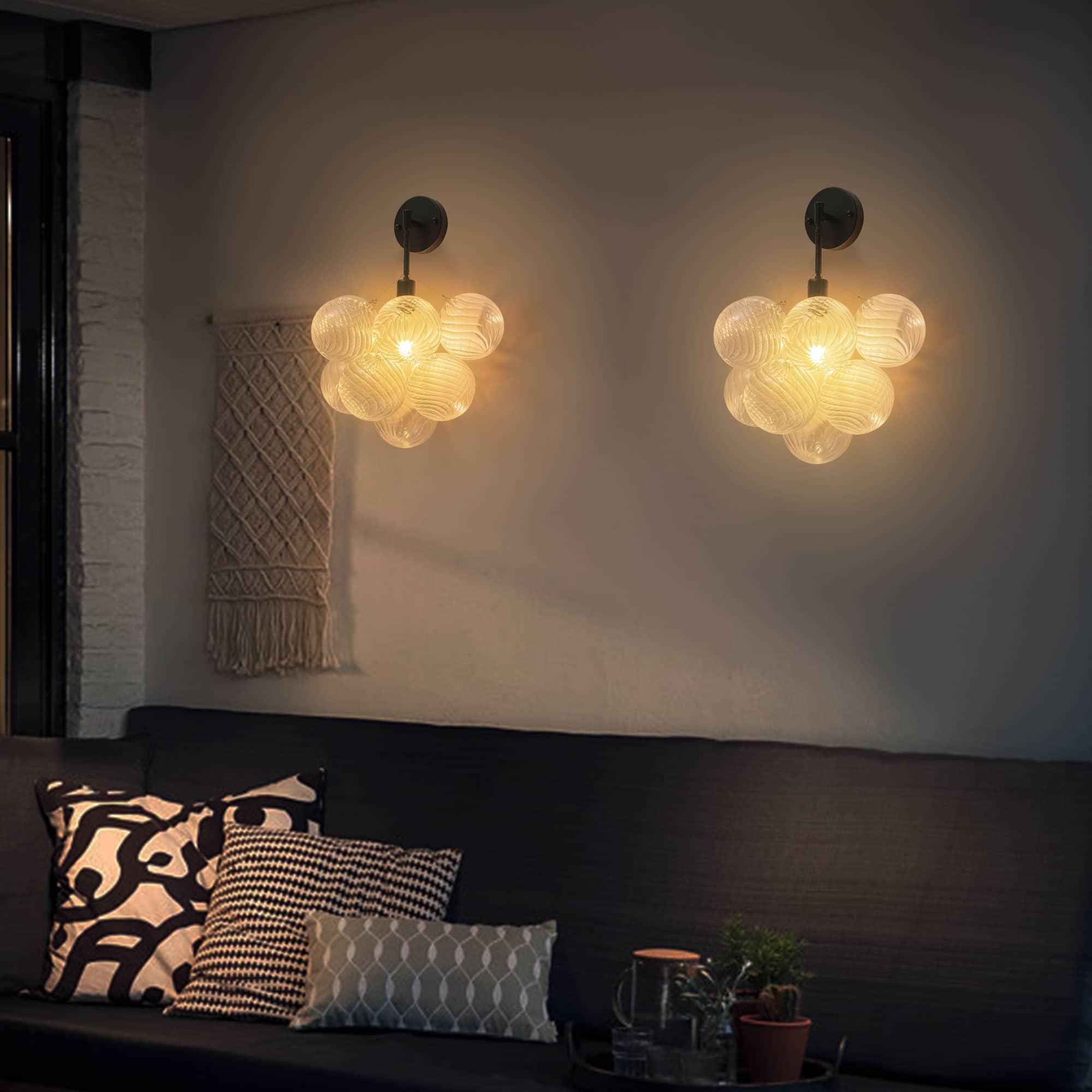 Bubbles Wall Lamp Clear And Ribbed Balls Black Frame And Cord - BeyPan