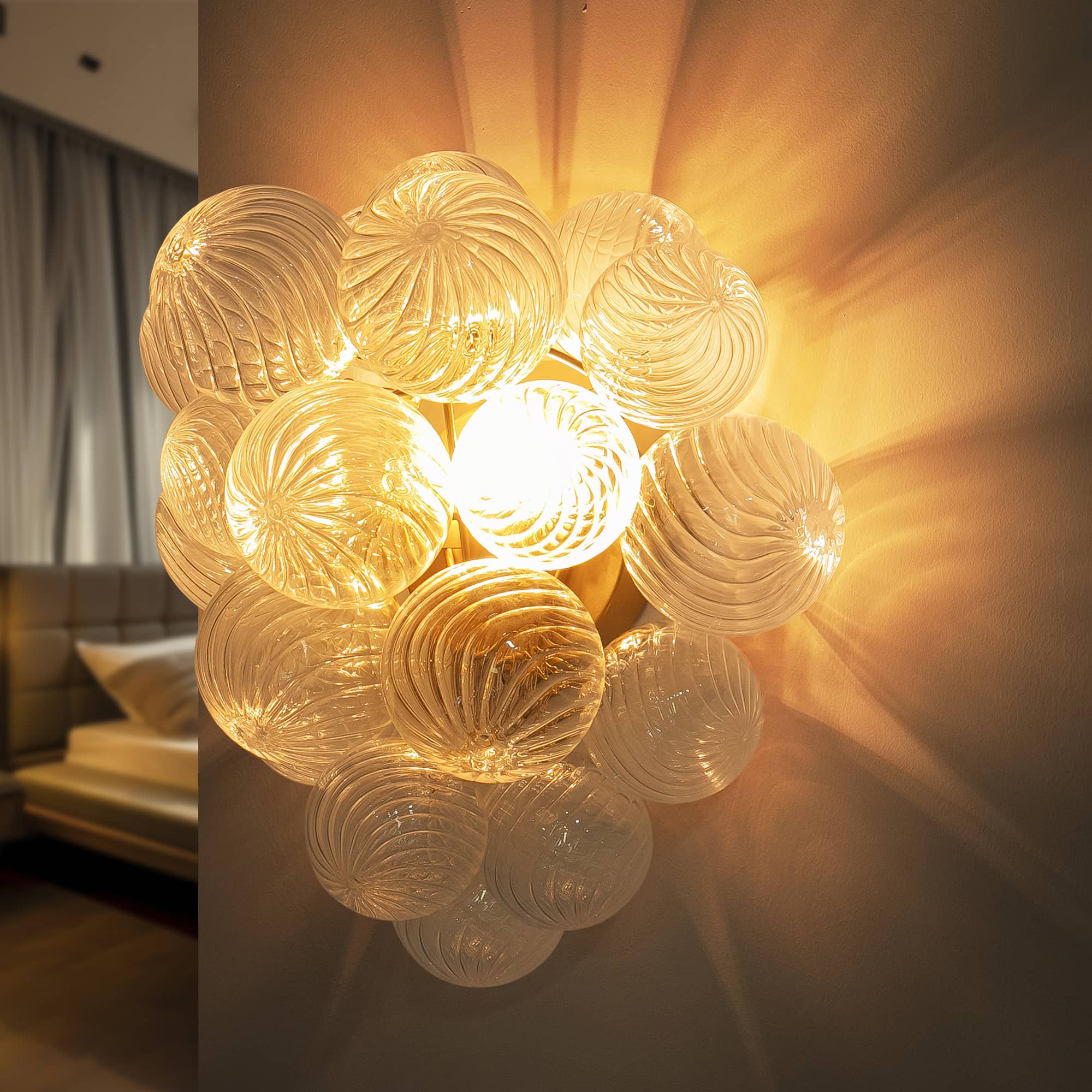 Bubbles Wall Lamp Clear And Ribbed Balls Gold Frame 1 Light - BeyPan