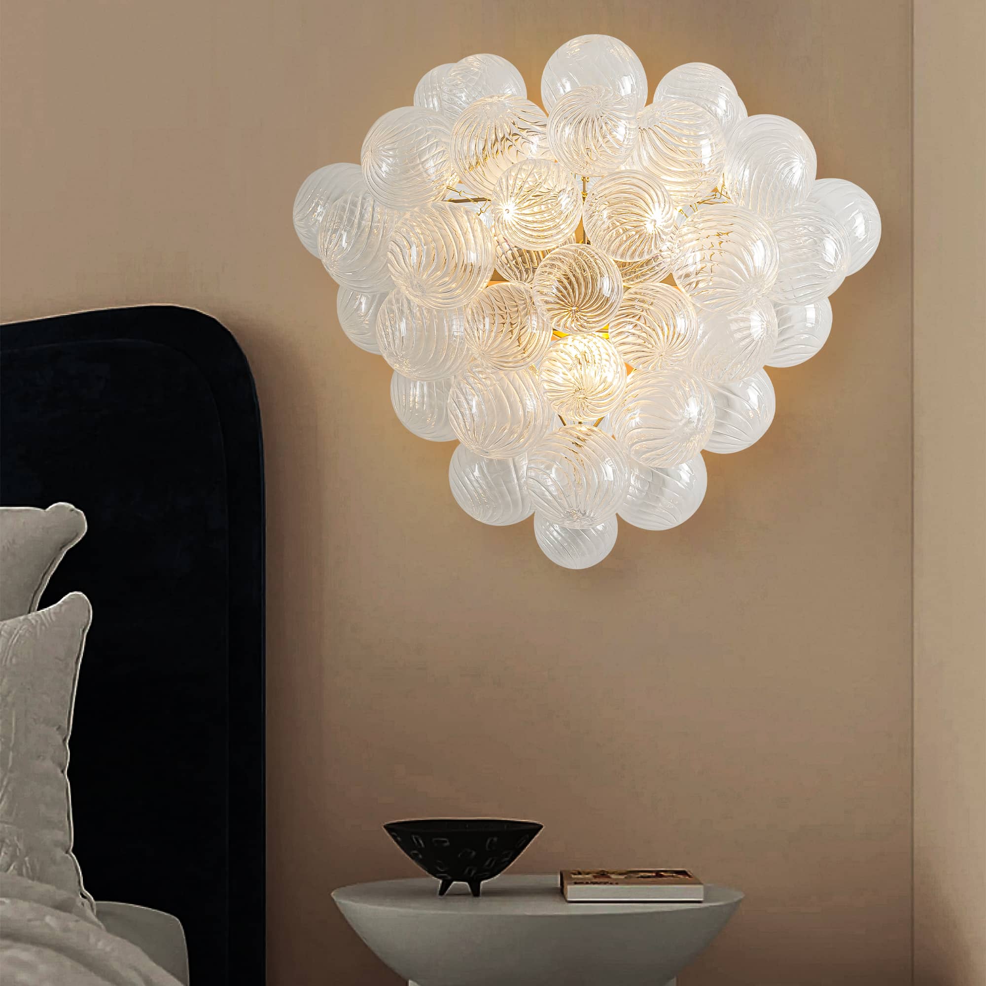 Bubbles Wall Lamp Clear And Ribbed Balls Gold Frame 3 Lights - BeyPan