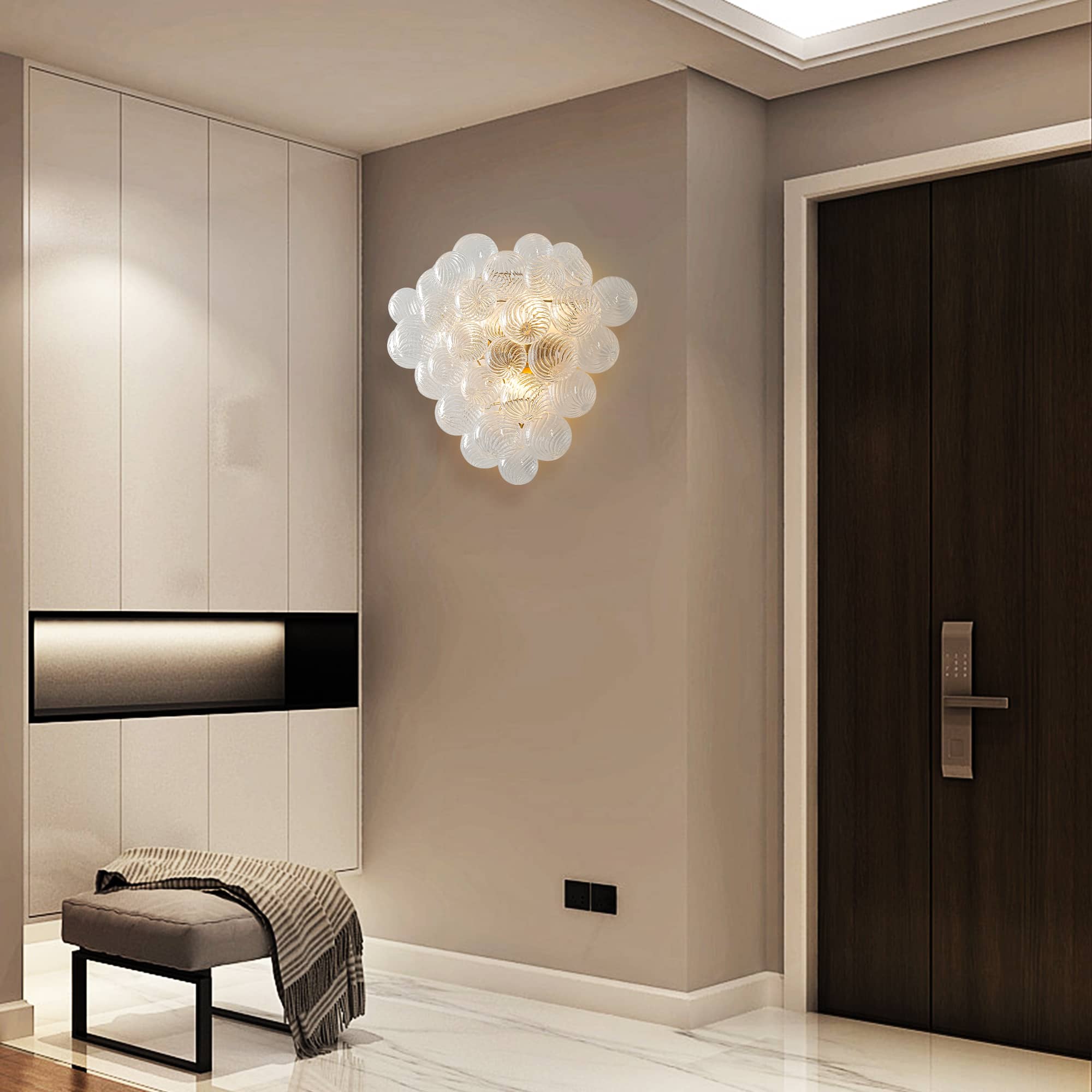 Bubbles Wall Lamp Clear And Ribbed Balls Gold Frame 3 Lights - BeyPan