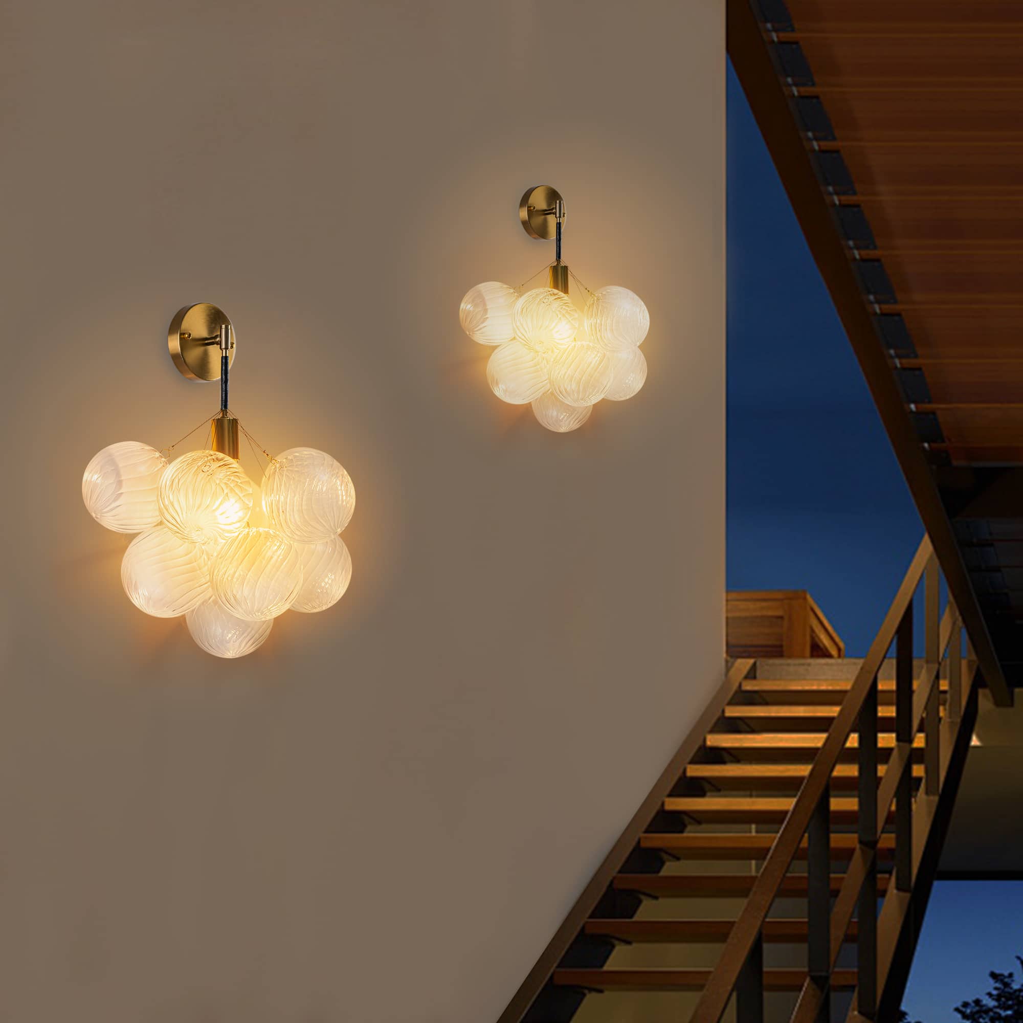 Bubbles Wall Lamp Clear And Ribbed Balls Gold Frame And Black Cord - BeyPan