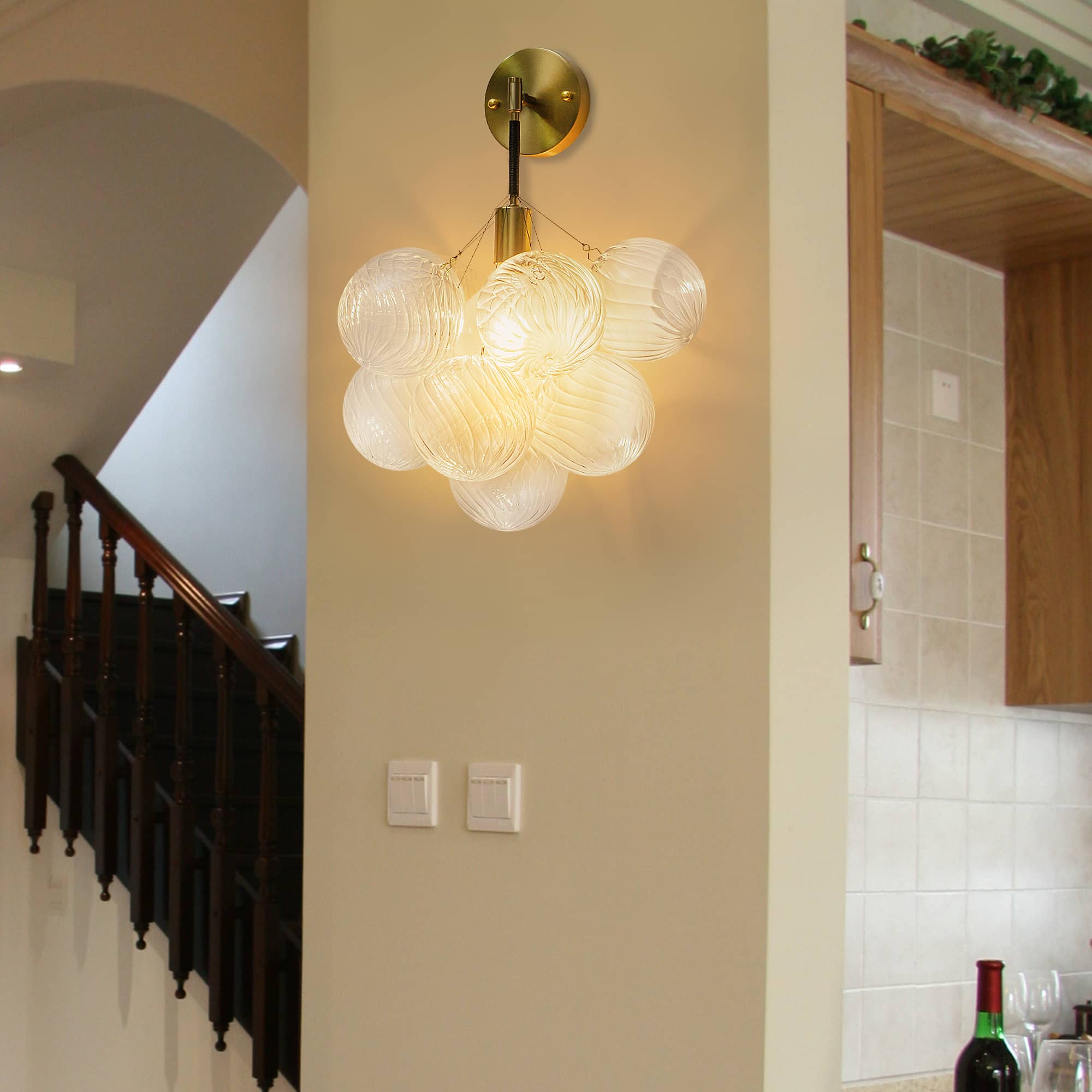 Bubbles Wall Lamp Clear And Ribbed Balls Gold Frame And Black Cord - BeyPan