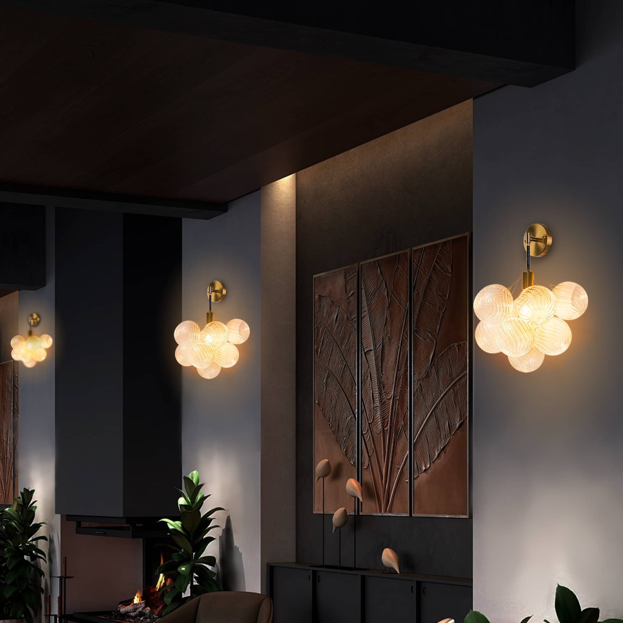 Bubbles Wall Lamp Clear And Ribbed Balls Gold Frame And Black Cord - BeyPan
