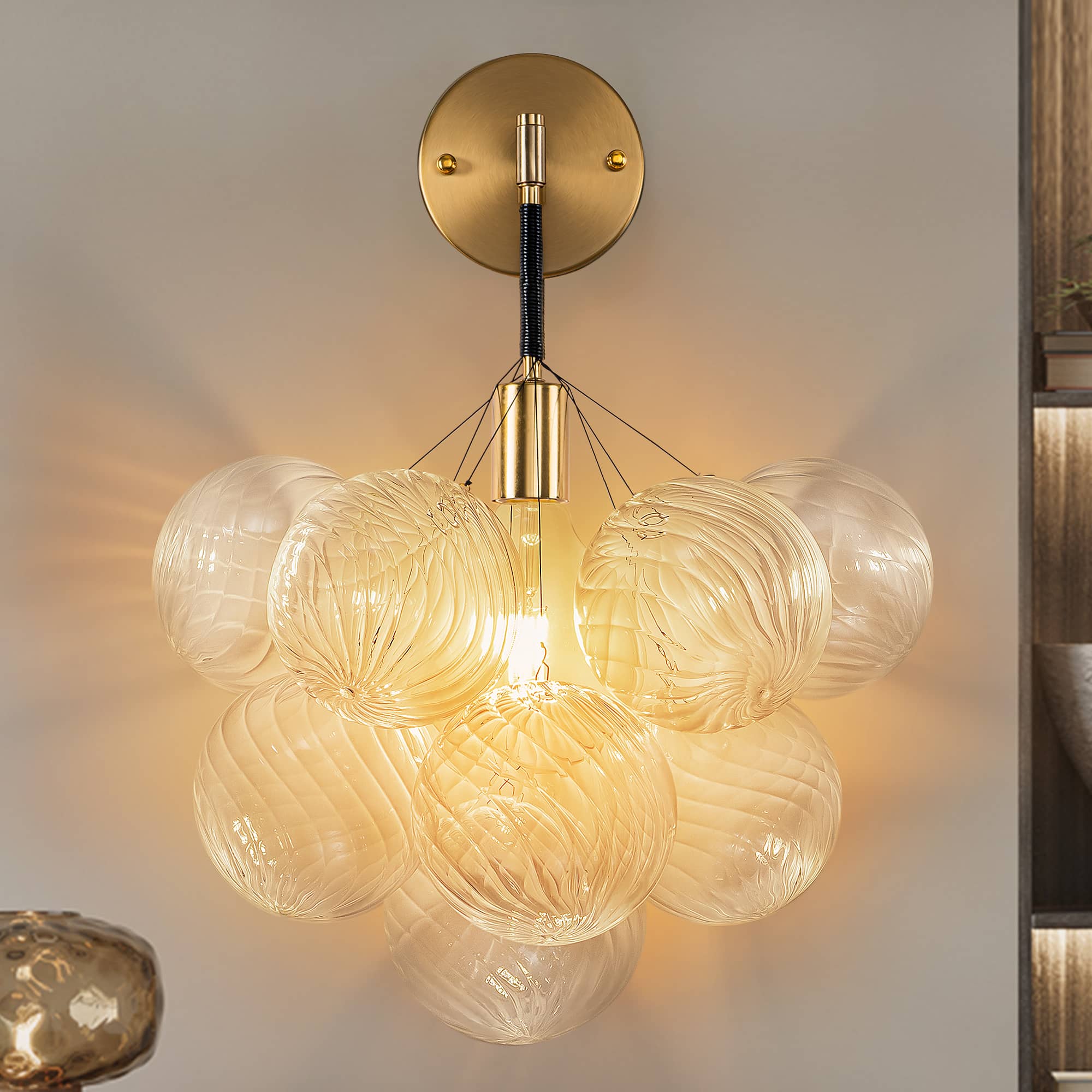 Bubbles Wall Lamp Clear And Ribbed Balls Gold Frame And Black Cord - BeyPan Hauptbild