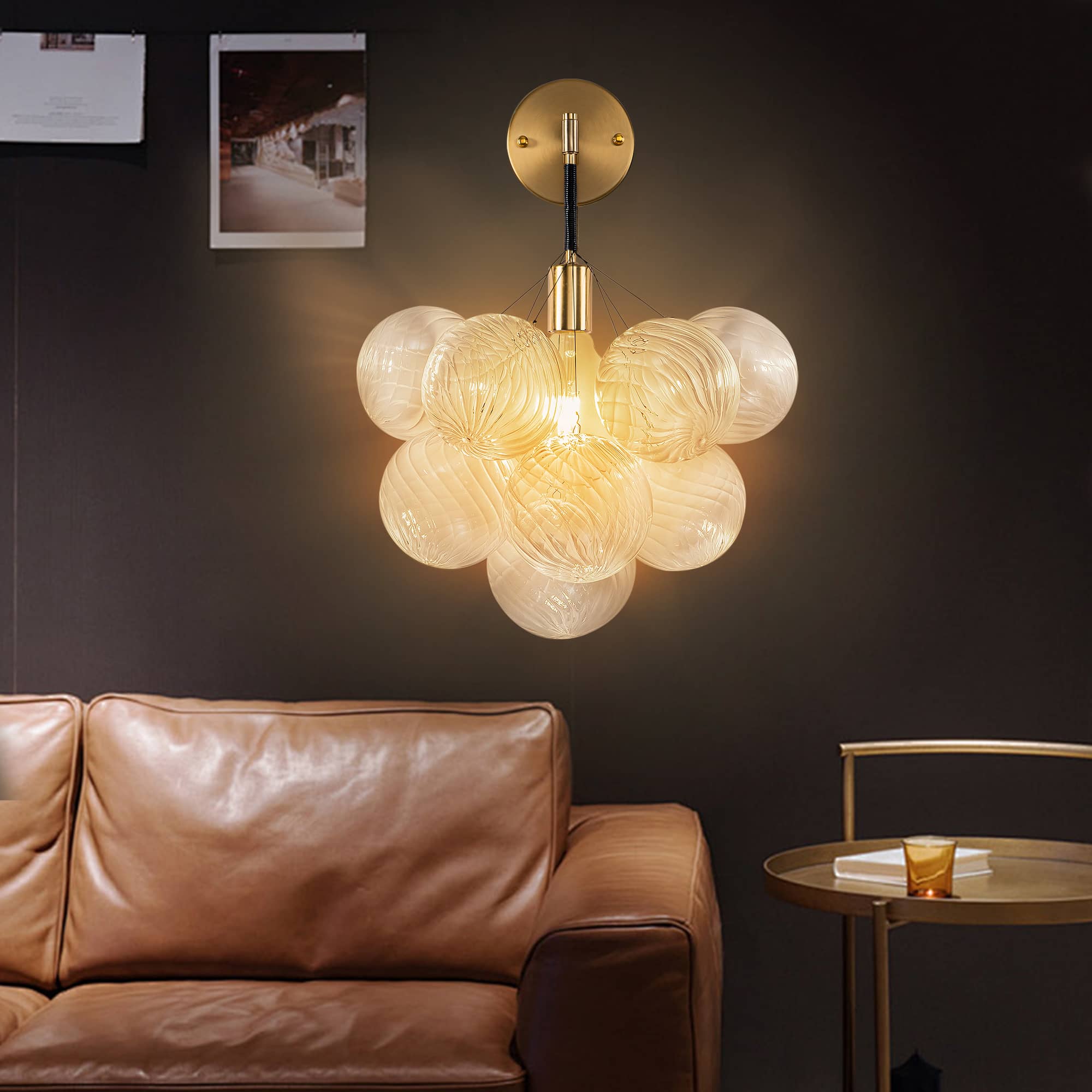 Bubbles Wall Lamp Clear And Ribbed Balls Gold Frame And Black Cord - BeyPan