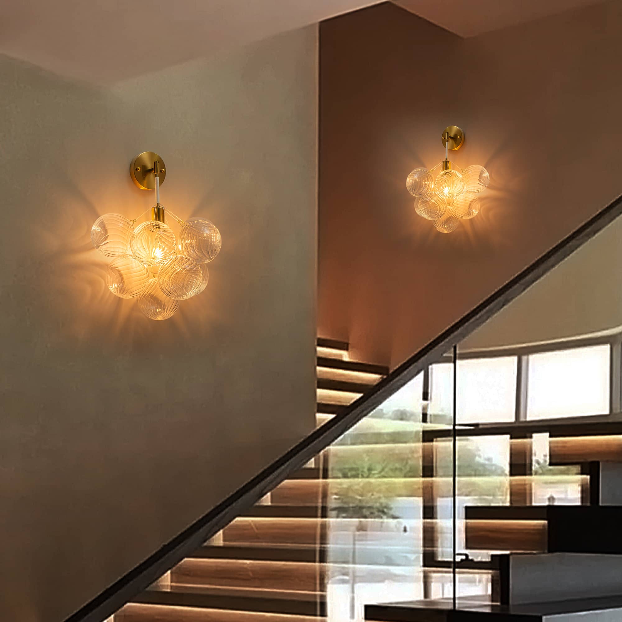 Bubbles Wall Lamp Clear And Ribbed Balls Gold Frame And White Cord - BeyPan