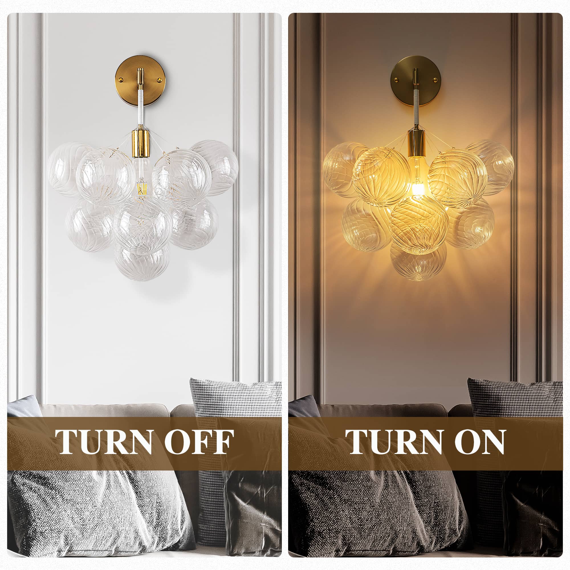 Bubbles Wall Lamp Clear And Ribbed Balls Gold Frame And White Cord - BeyPan