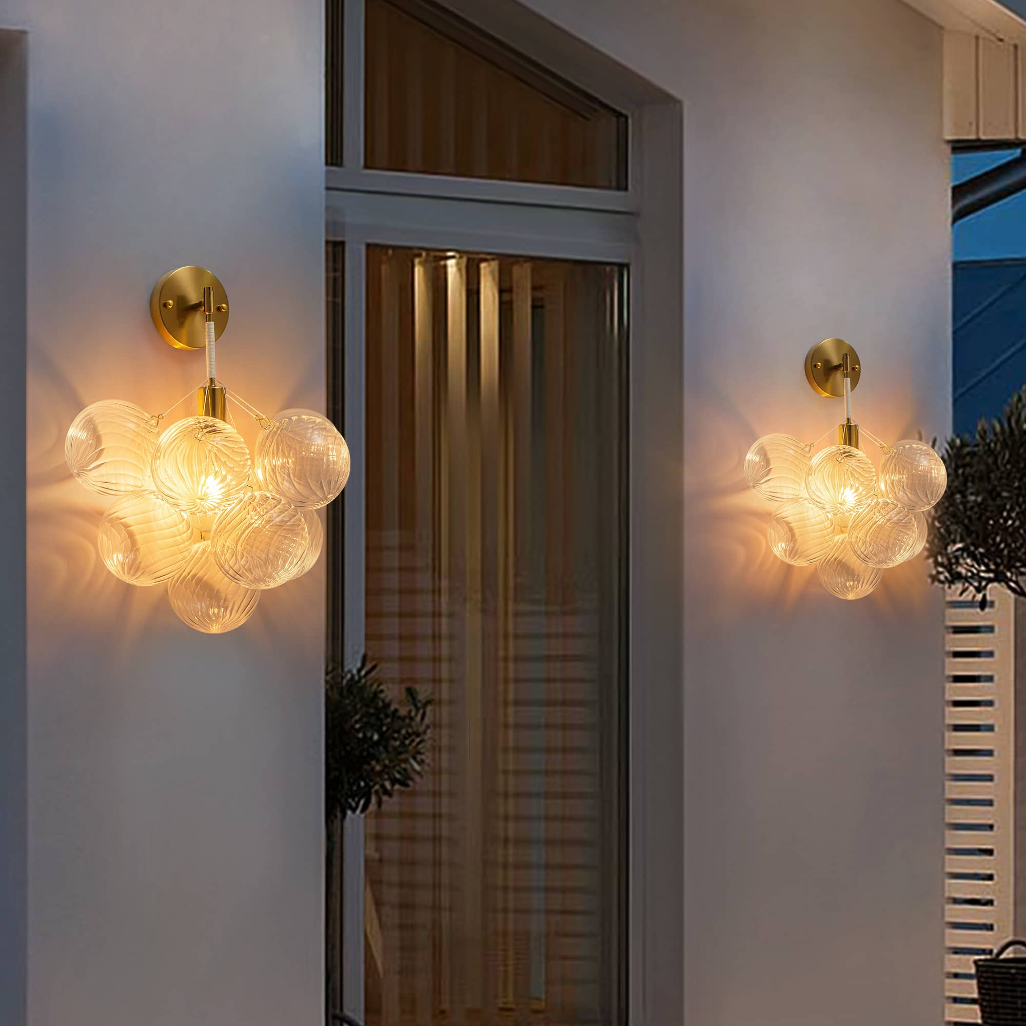 Bubbles Wall Lamp Clear And Ribbed Balls Gold Frame And White Cord - BeyPan