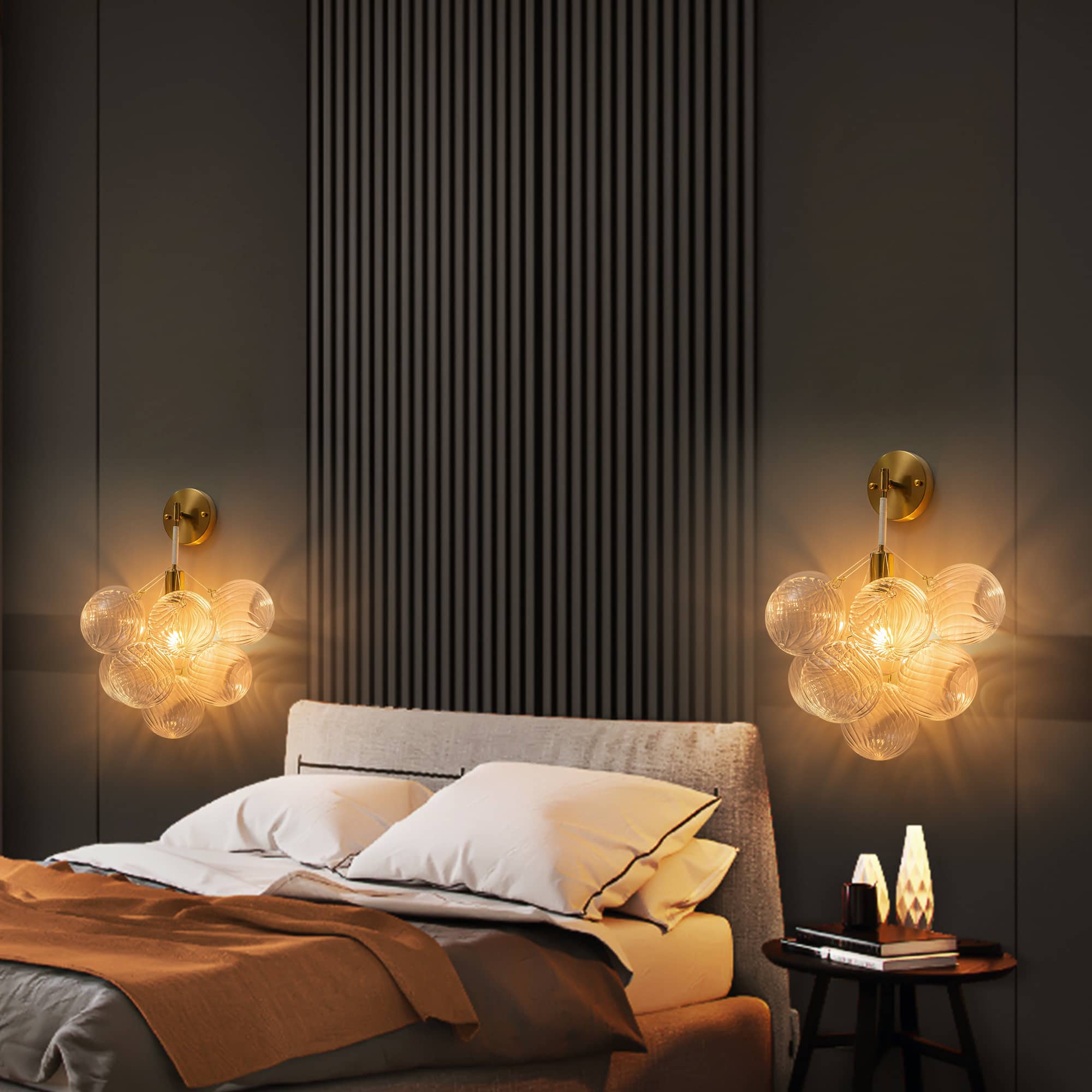Bubbles Wall Lamp Clear And Ribbed Balls Gold Frame And White Cord - BeyPan