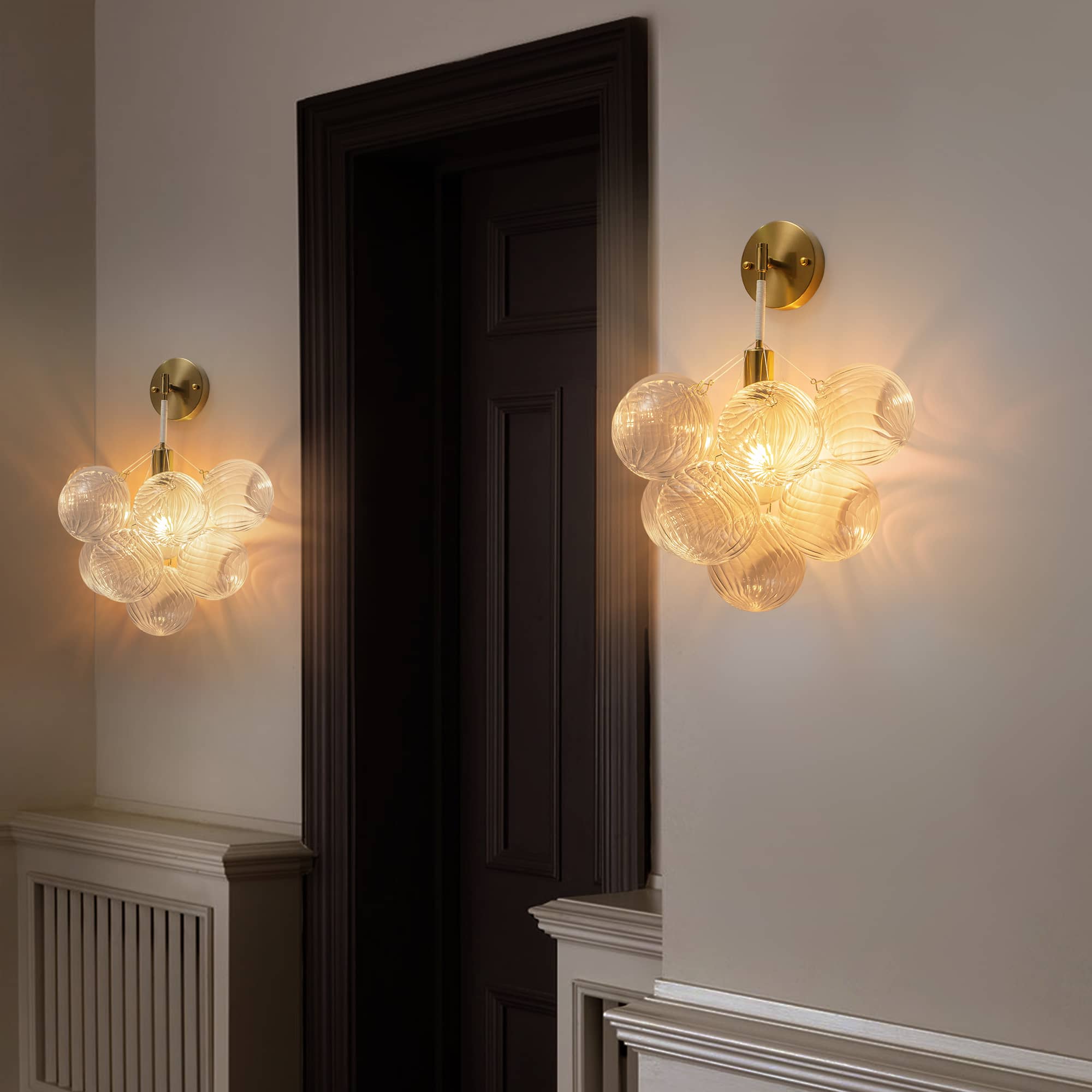 Bubbles Wall Lamp Clear And Ribbed Balls Gold Frame And White Cord - BeyPan