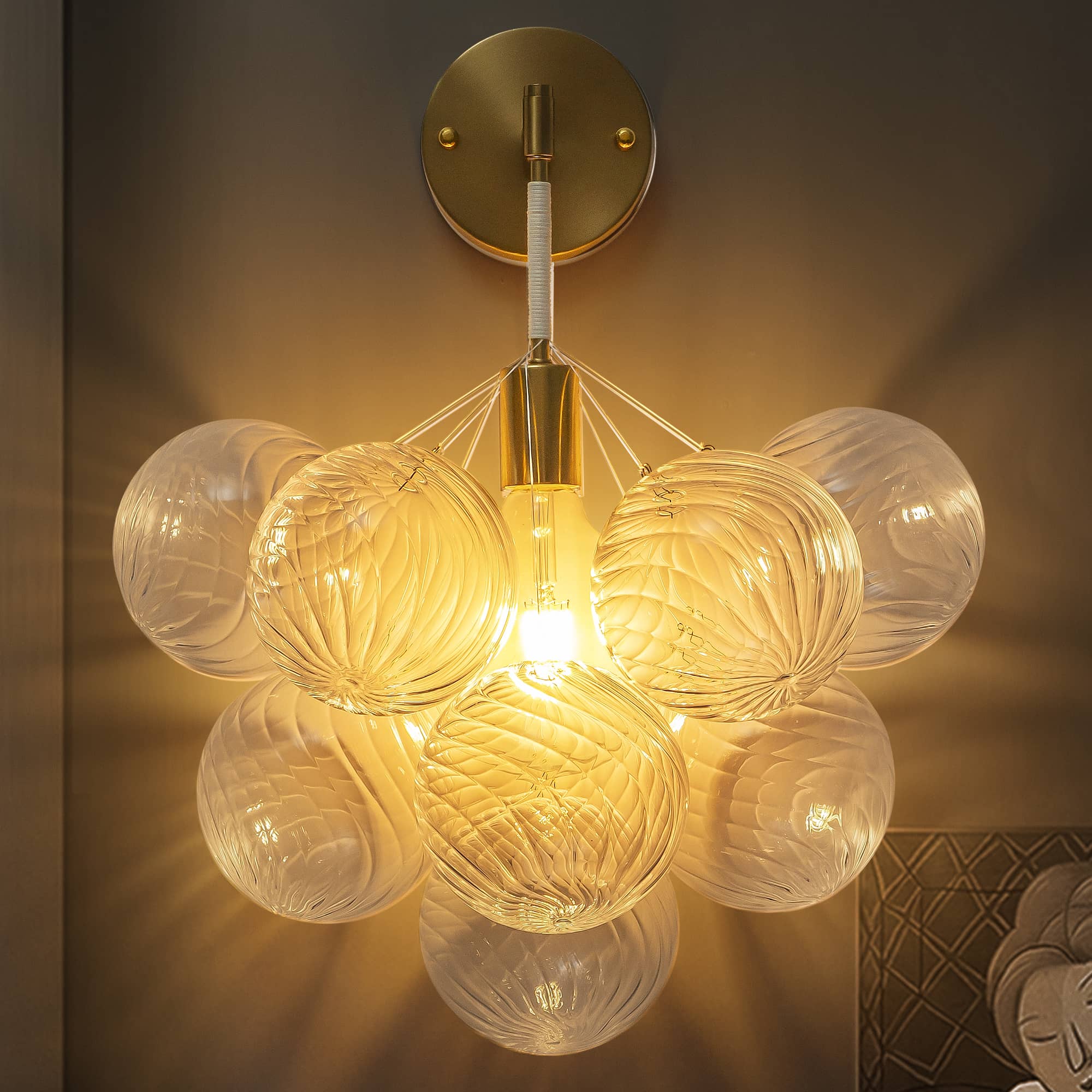 Bubbles Wall Lamp Clear And Ribbed Balls Gold Frame And White Cord - BeyPan Hauptbild