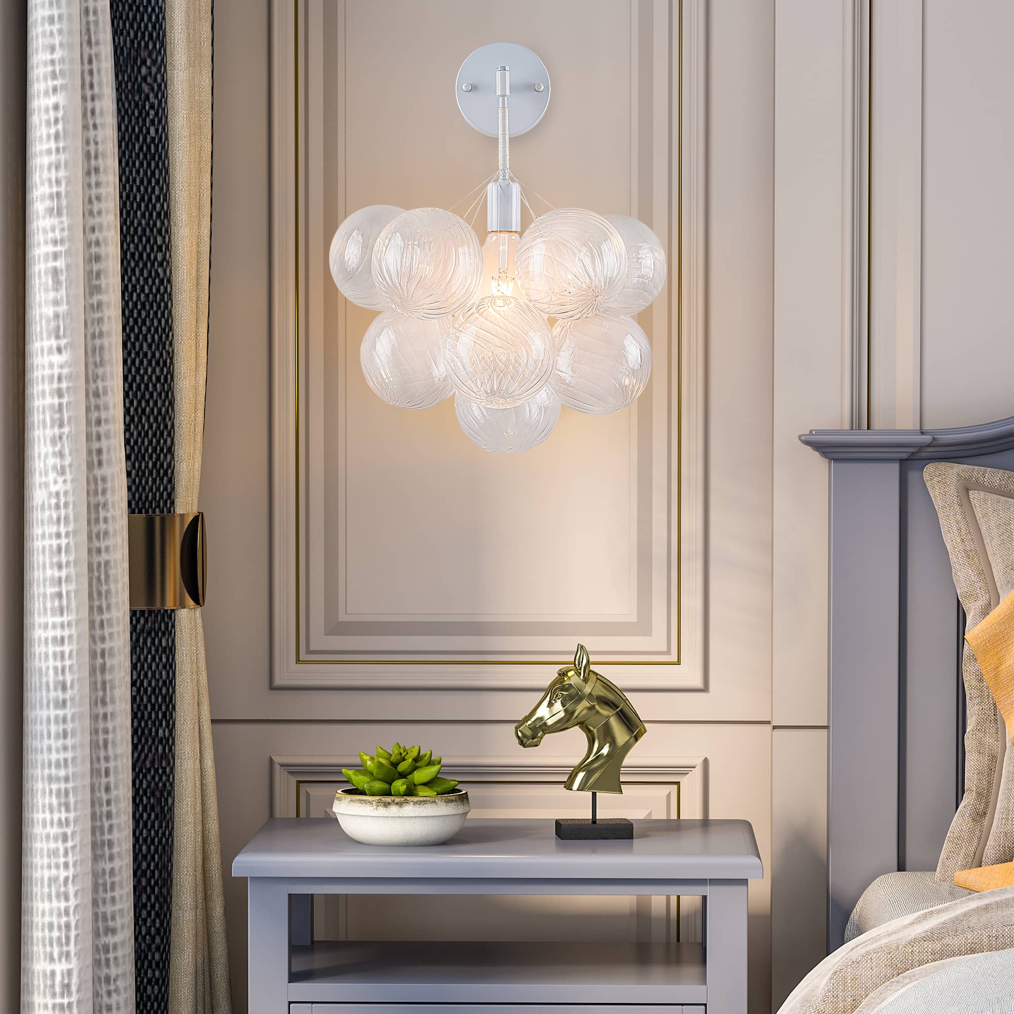 Bubbles Wall Lamp Clear And Ribbed Balls White Frame And Cord - BeyPan