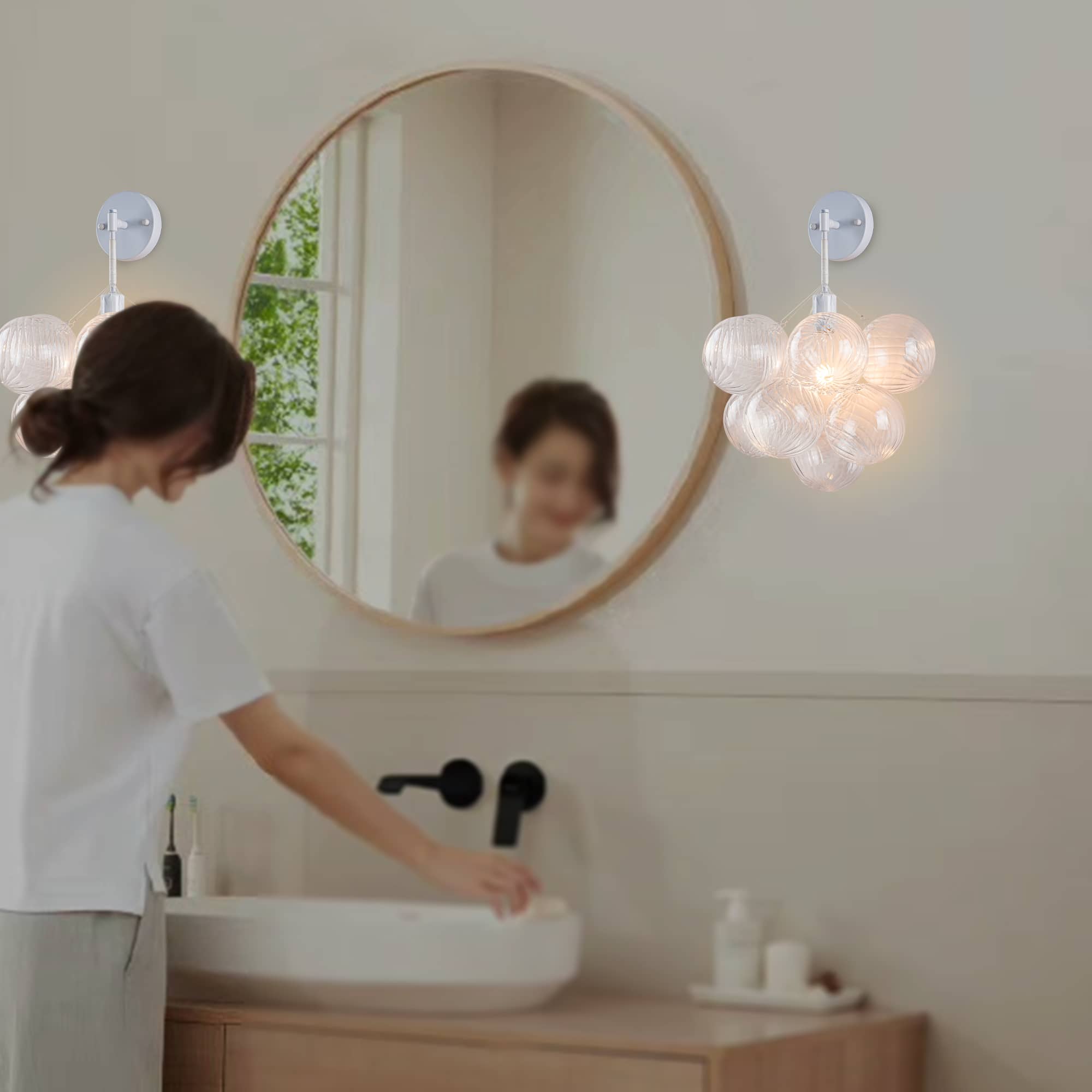 Bubbles Wall Lamp Clear And Ribbed Balls White Frame And Cord - BeyPan