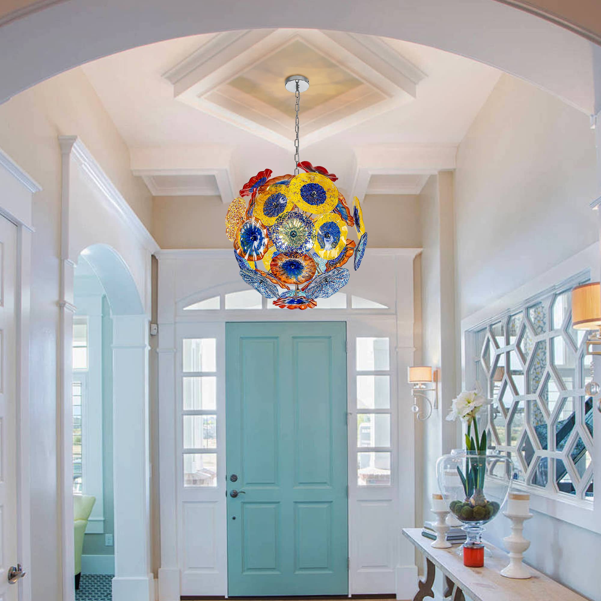 Ceiling In Blooms Glass Plates Chandelier - Murano Style Colorful Floral Art Glass - BeyPan
