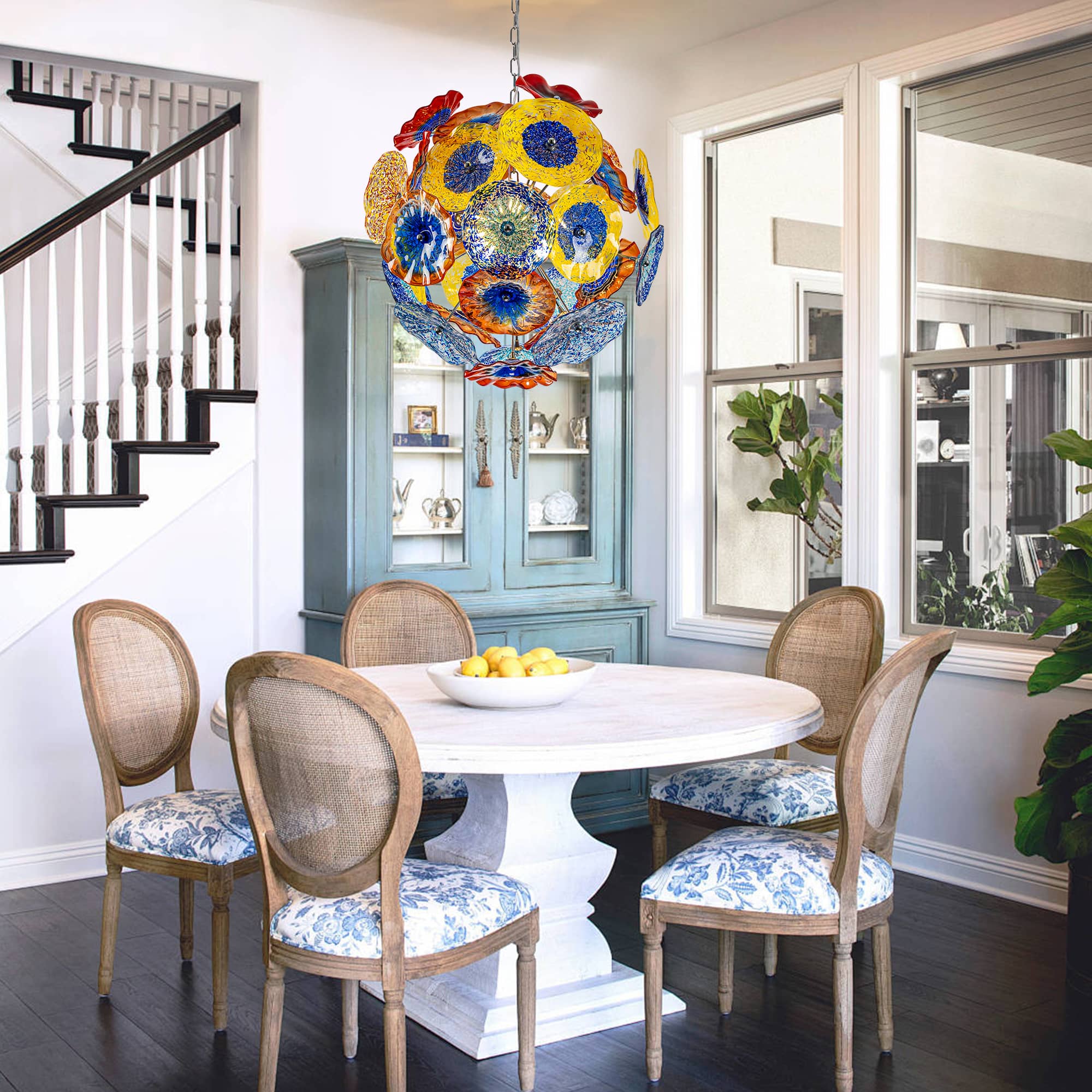 Ceiling In Blooms Glass Plates Chandelier - Murano Style Colorful Floral Art Glass - BeyPan