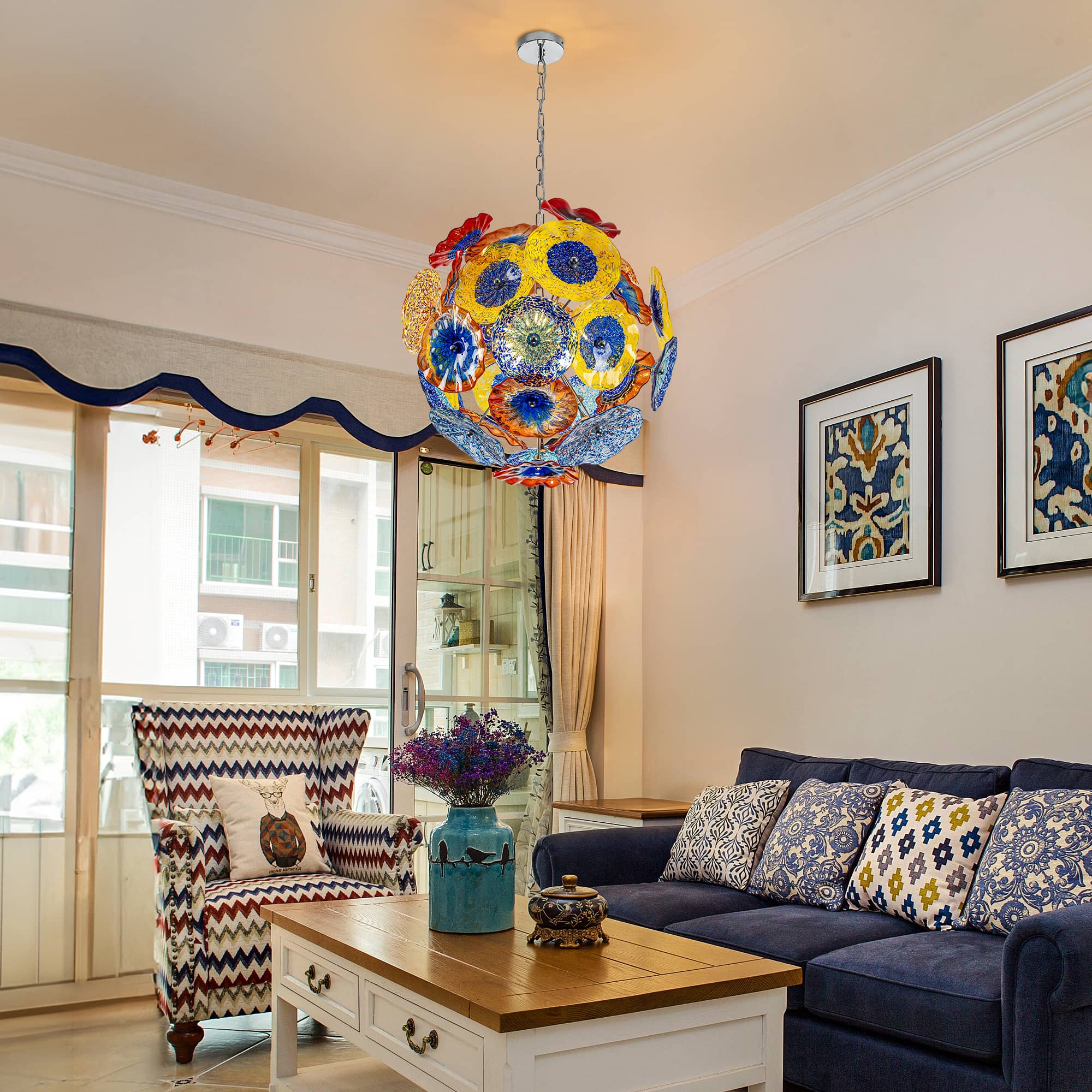 Ceiling In Blooms Glass Plates Chandelier - Murano Style Colorful Floral Art Glass - BeyPan
