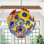 Ceiling In Blooms Glass Plates Chandelier - Murano Style Colorful Floral Art Glass - BeyPan