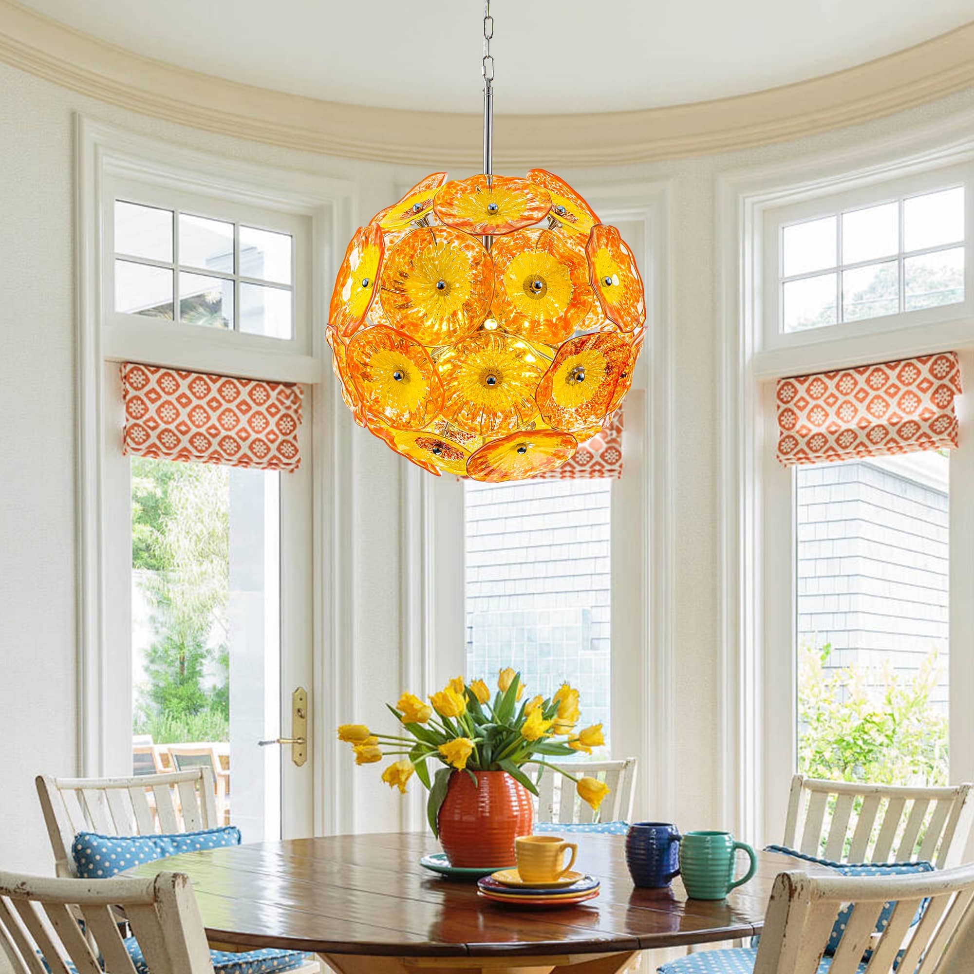 Ceiling In Blooms Murano Style Yellow And Orange Blown Glass Plates Chandelier - BeyPan