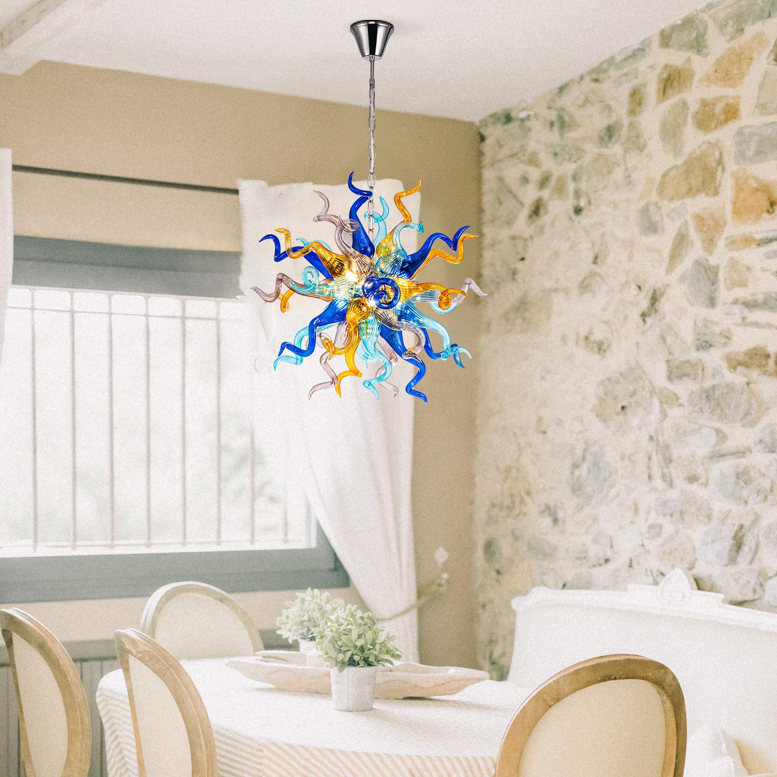 Celestial Burst Artisan Blown Glass Chandelier - Vibrant Blue, Gold, and Violet - BeyPan