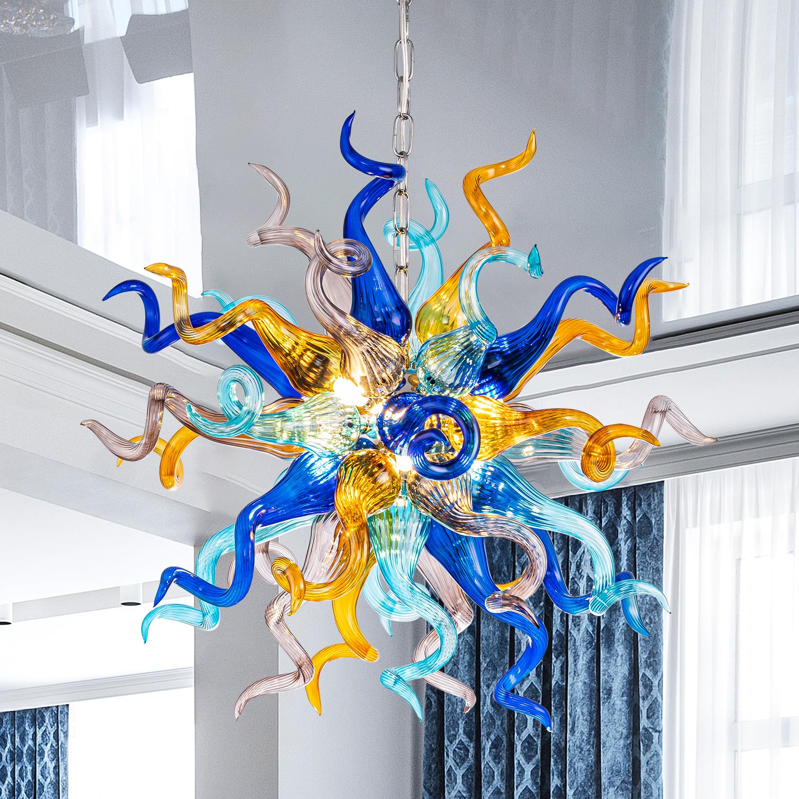 Celestial Burst Artisan Blown Glass Chandelier - Vibrant Blue, Gold, and Violet - BeyPan Hauptbild