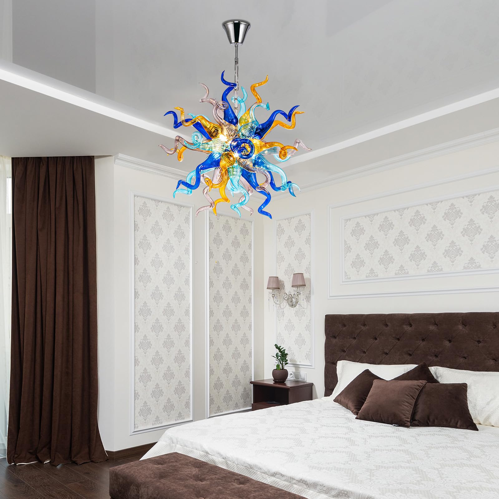 Celestial Burst Artisan Blown Glass Chandelier - Vibrant Blue, Gold, and Violet - BeyPan