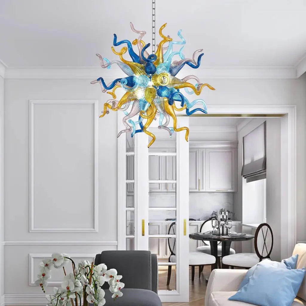 Celestial Burst Artisan Blown Glass Chandelier Vibrant Blue Gold ＆ Violet Sculptural Tentacle Pendant Light - BeyPan
