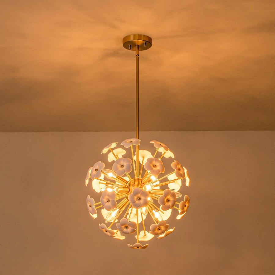 Ceramic Hoya Floral Brass Sunburst Sphere Chandelier - BeyPan