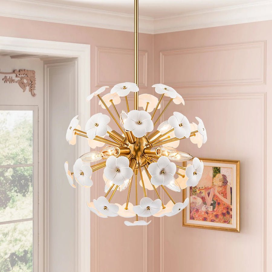Ceramic Hoya Floral Brass Sunburst Sphere Chandelier - BeyPan