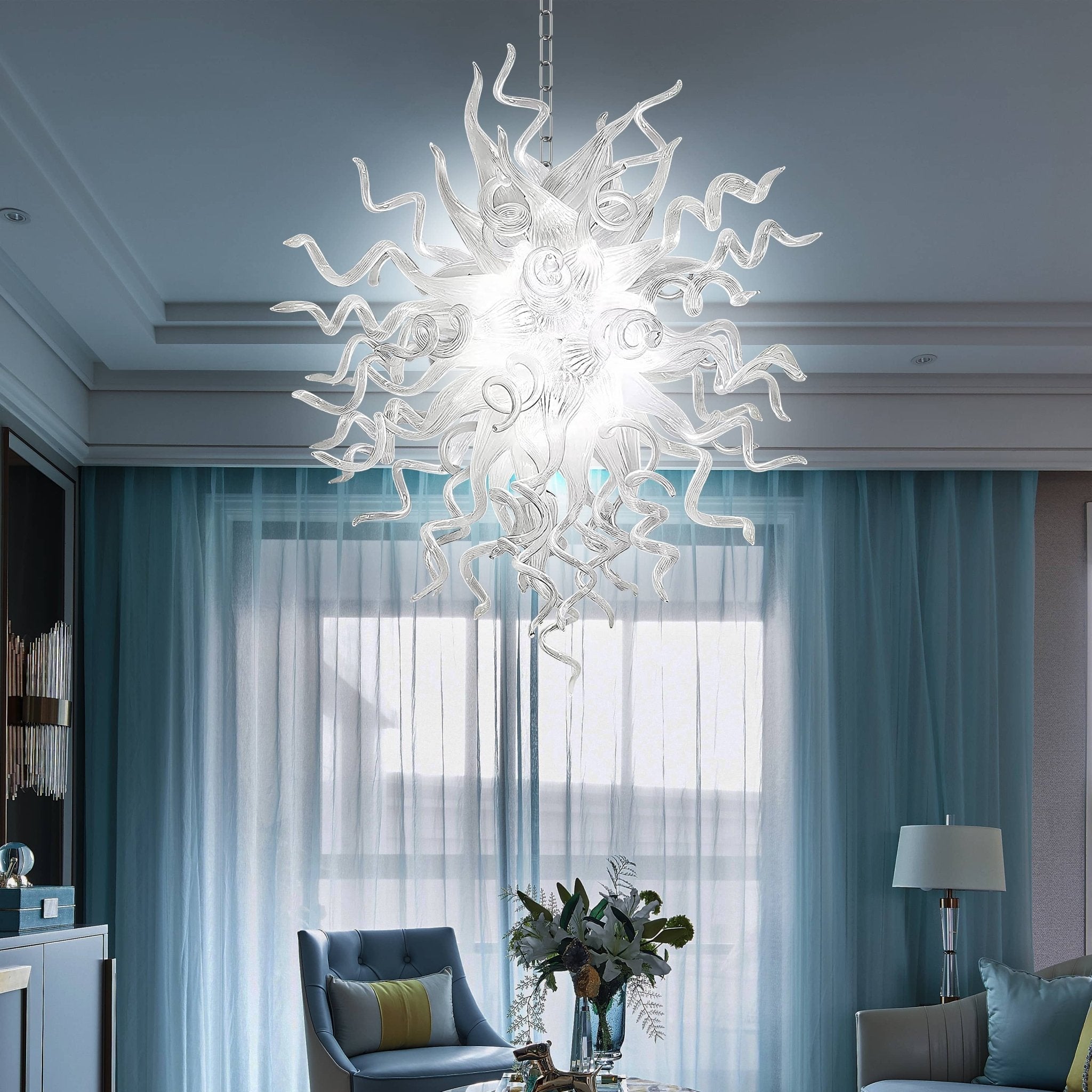 Chihly Style Blown Glass Chandelier - Frosted Opal Elegance Artisan Translucent White - BeyPan