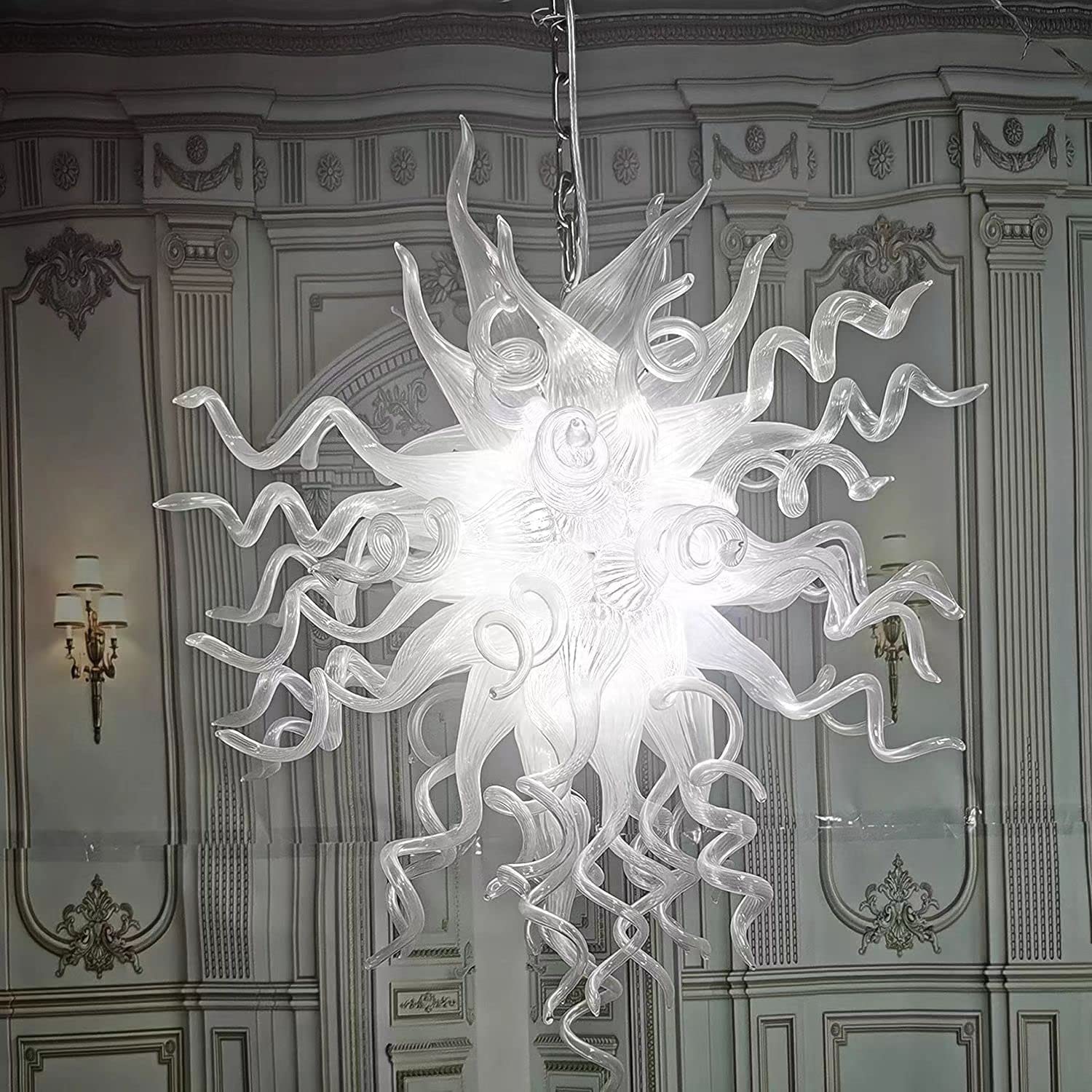 Chihly Style Blown Glass Chandelier - Frosted Opal Elegance Artisan Translucent White - BeyPan