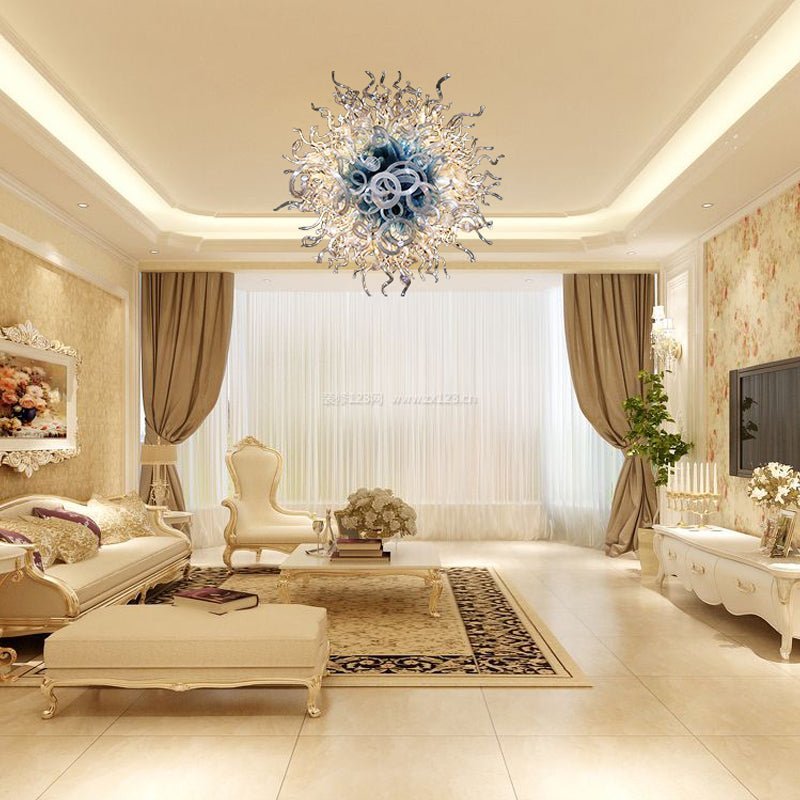 Chihly Style Modern Blue ＆ Clear Blown Glass Chandelier| Murano Floral Glass Art - BeyPan