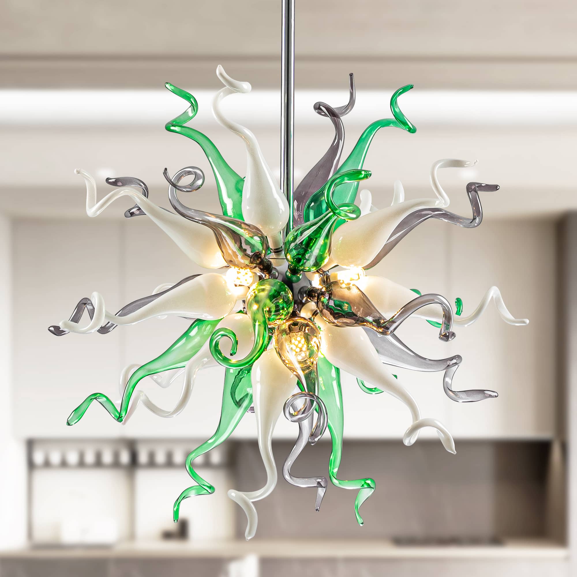 Chihly Style Sputnik Blown Glass Chandelier Green Gray White - BeyPan