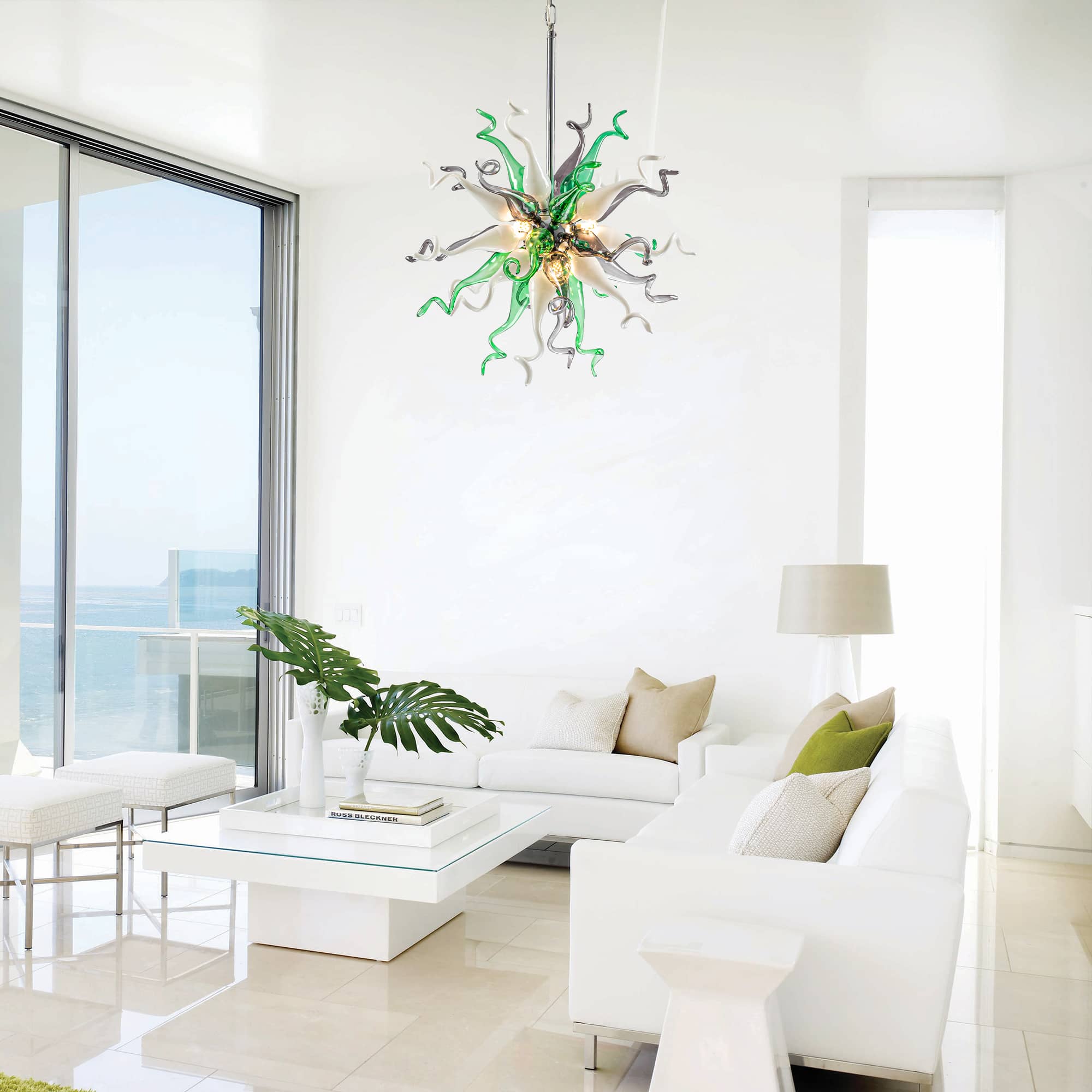 Chihly Style Sputnik Blown Glass Chandelier Green Gray White - BeyPan