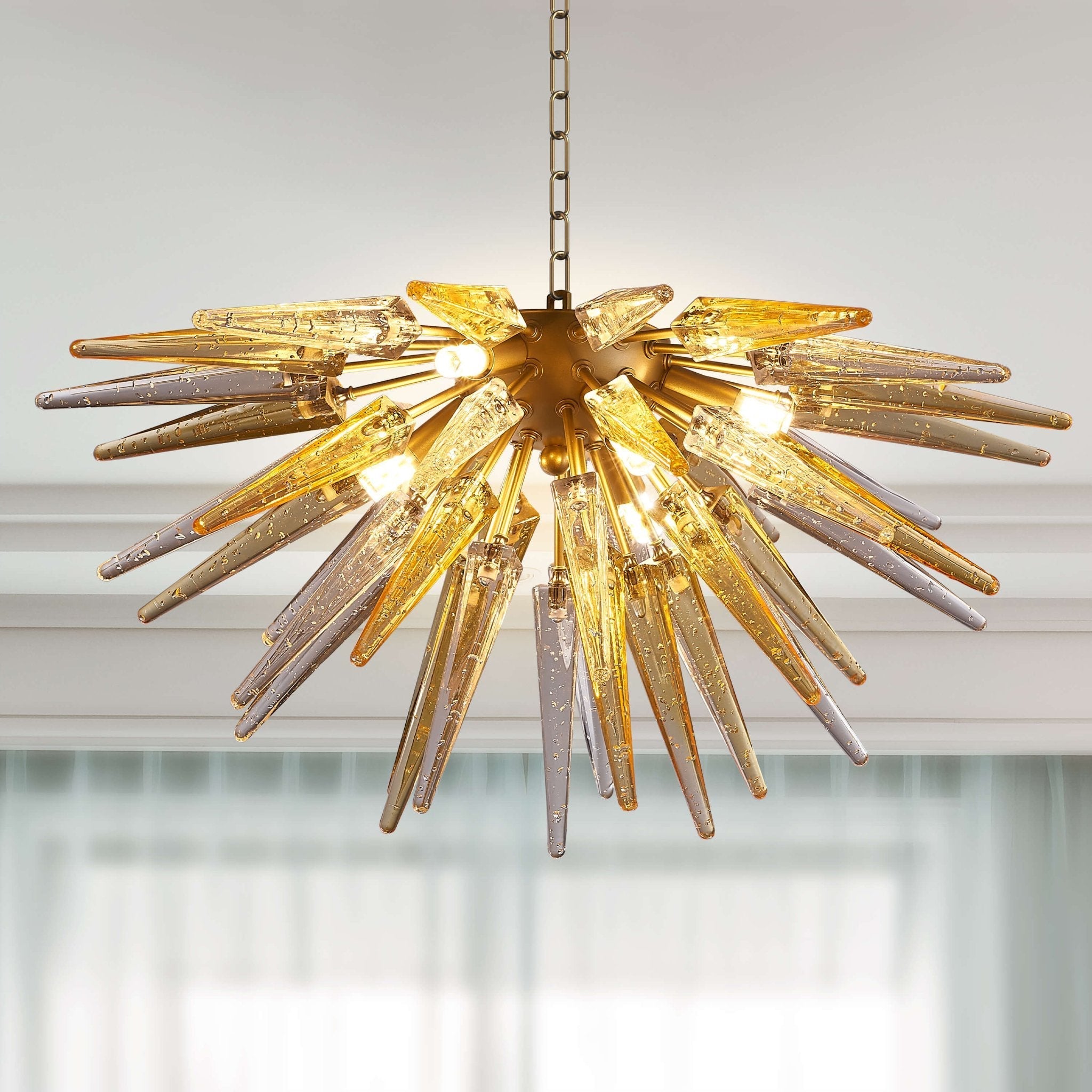Chihuly Style Blown Glass Chandelier Clear And Amber Sting Half-Sphere Shape - BeyPan