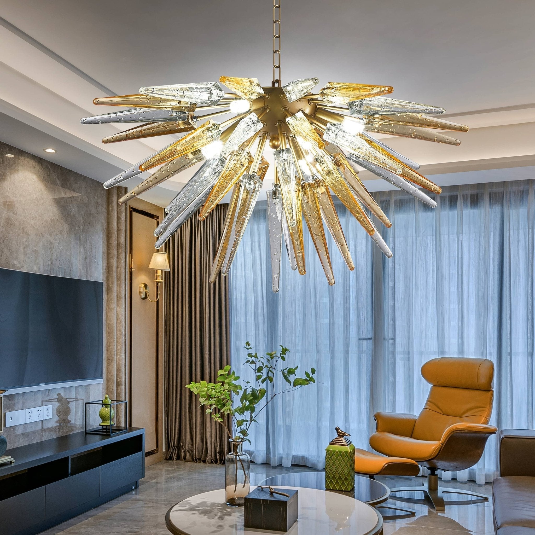 Chihuly Style Blown Glass Chandelier Clear And Amber Sting Half-Sphere Shape - BeyPan