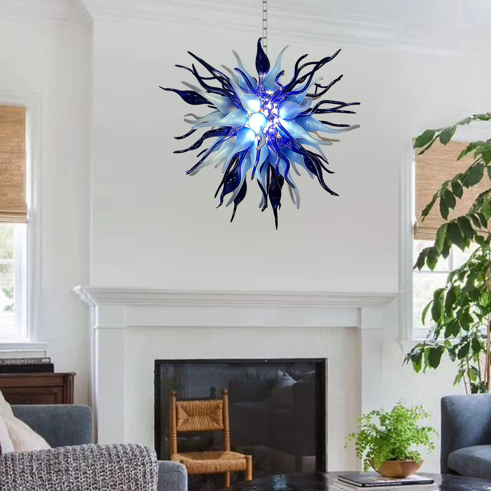 Chihuly Style Blown Glass Chandelier Gradient Blue And Frosted White - BeyPan