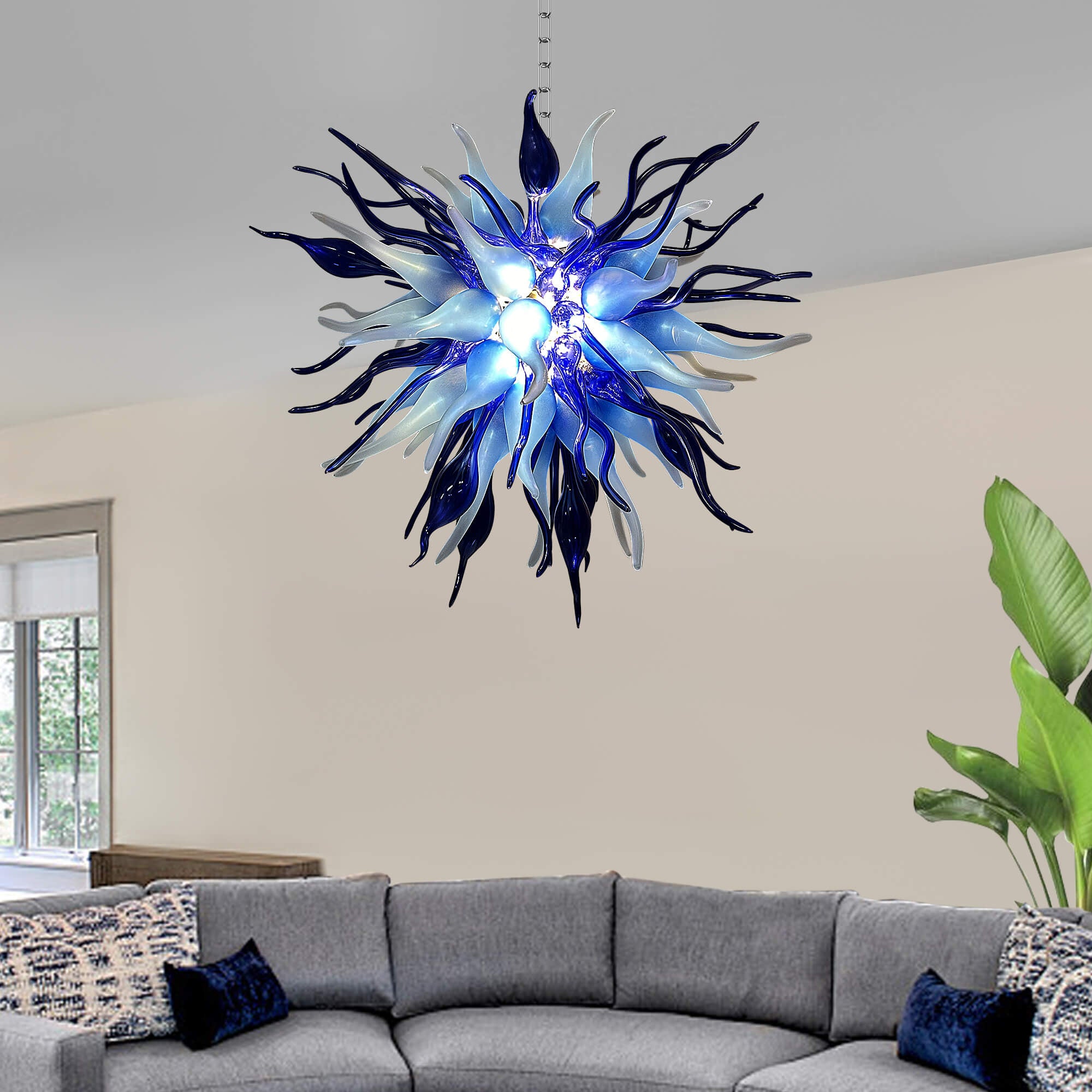 Chihuly Style Blown Glass Chandelier Gradient Blue And Frosted White - BeyPan