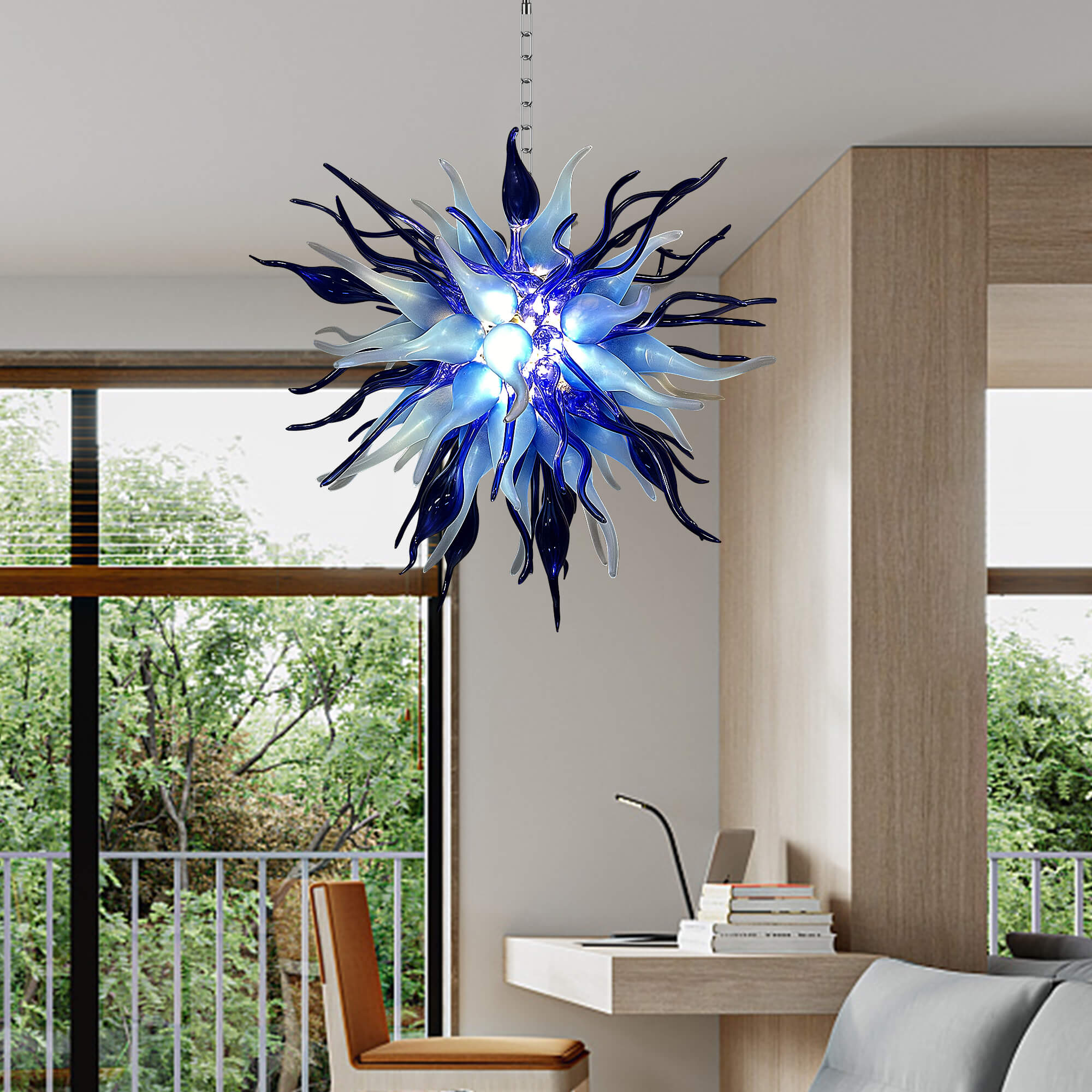 Chihuly Style Blown Glass Chandelier Gradient Blue And Frosted White - BeyPan