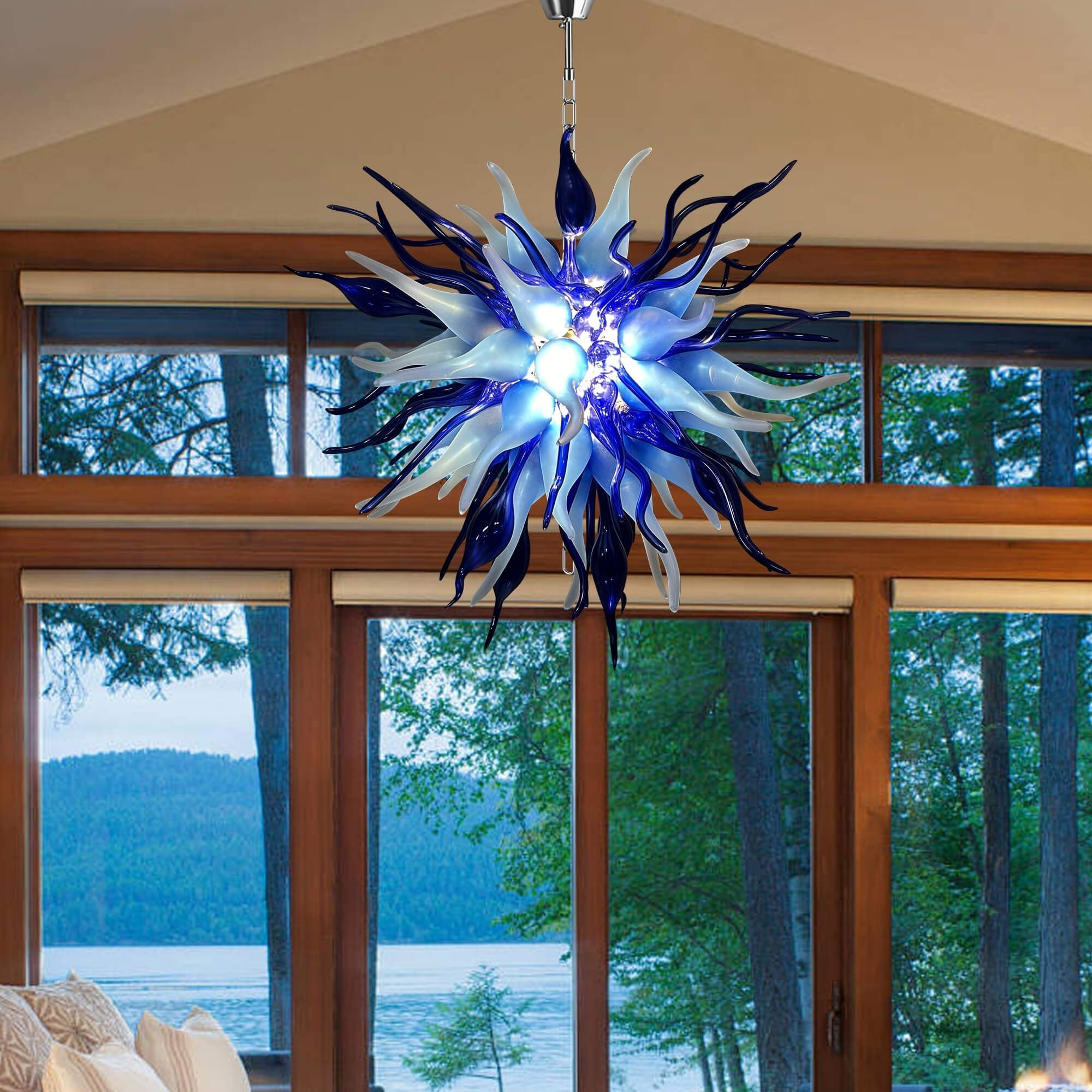 Chihuly Style Blown Glass Chandelier Gradient Blue And Frosted White - BeyPan