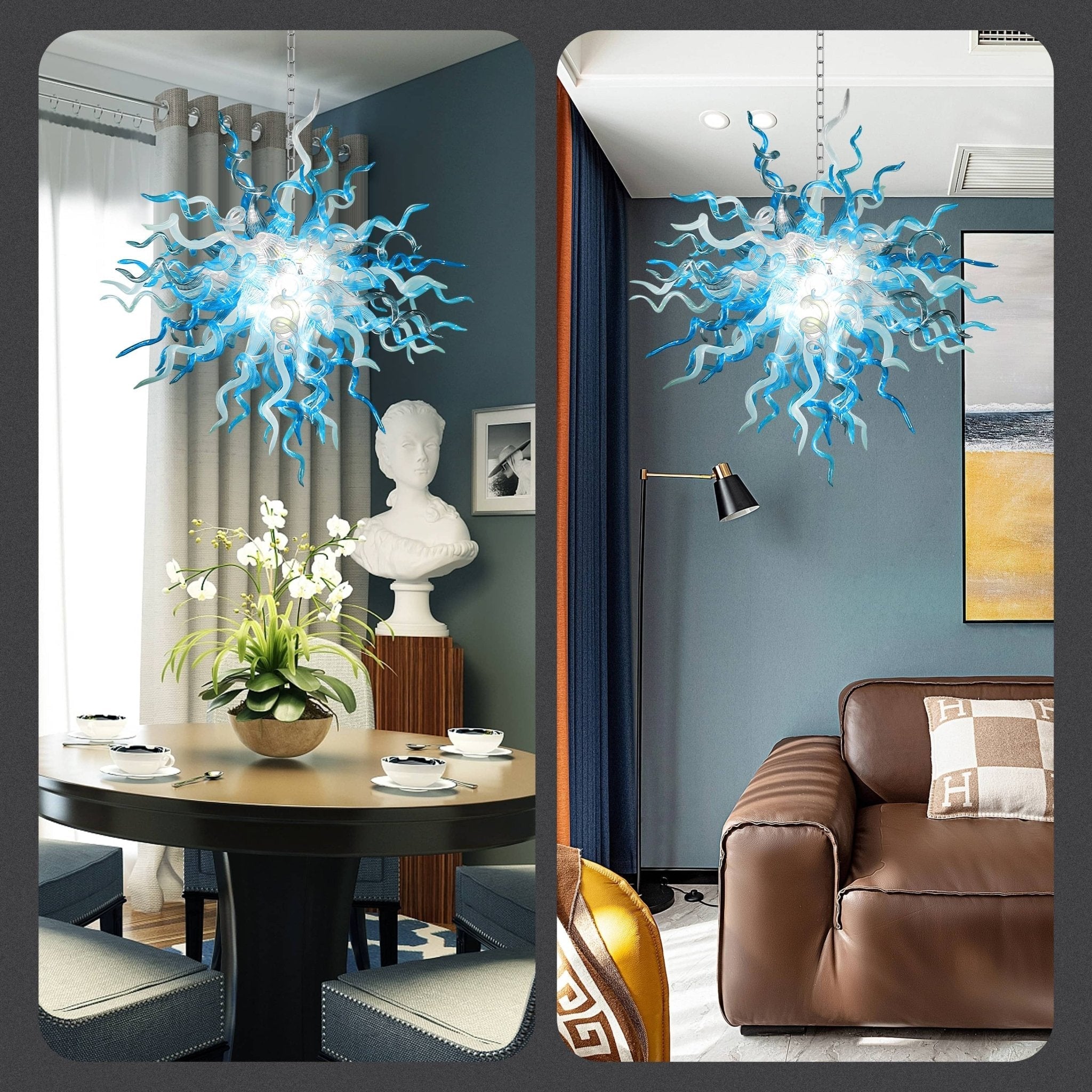 Chihuly Style Blue Gray and White Blown Glass Chandelier - BeyPan