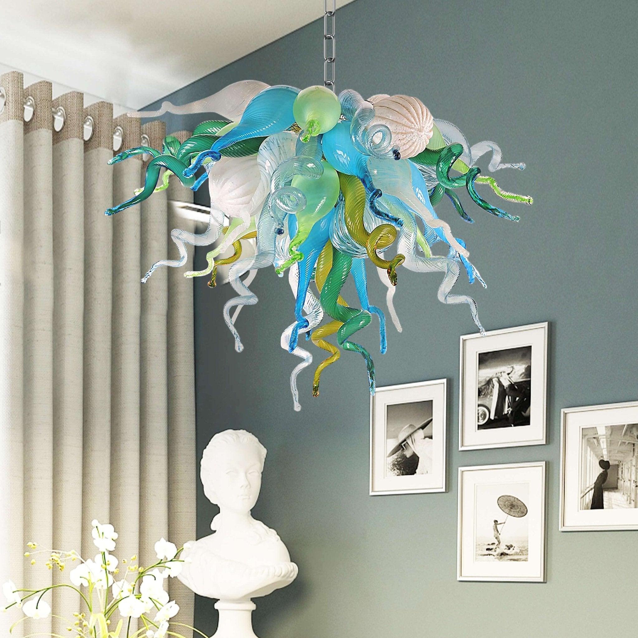 Chihuly Style Tranquil Sea Blown Glass Chandelier – Modern Murano Style Art Glass - BeyPan