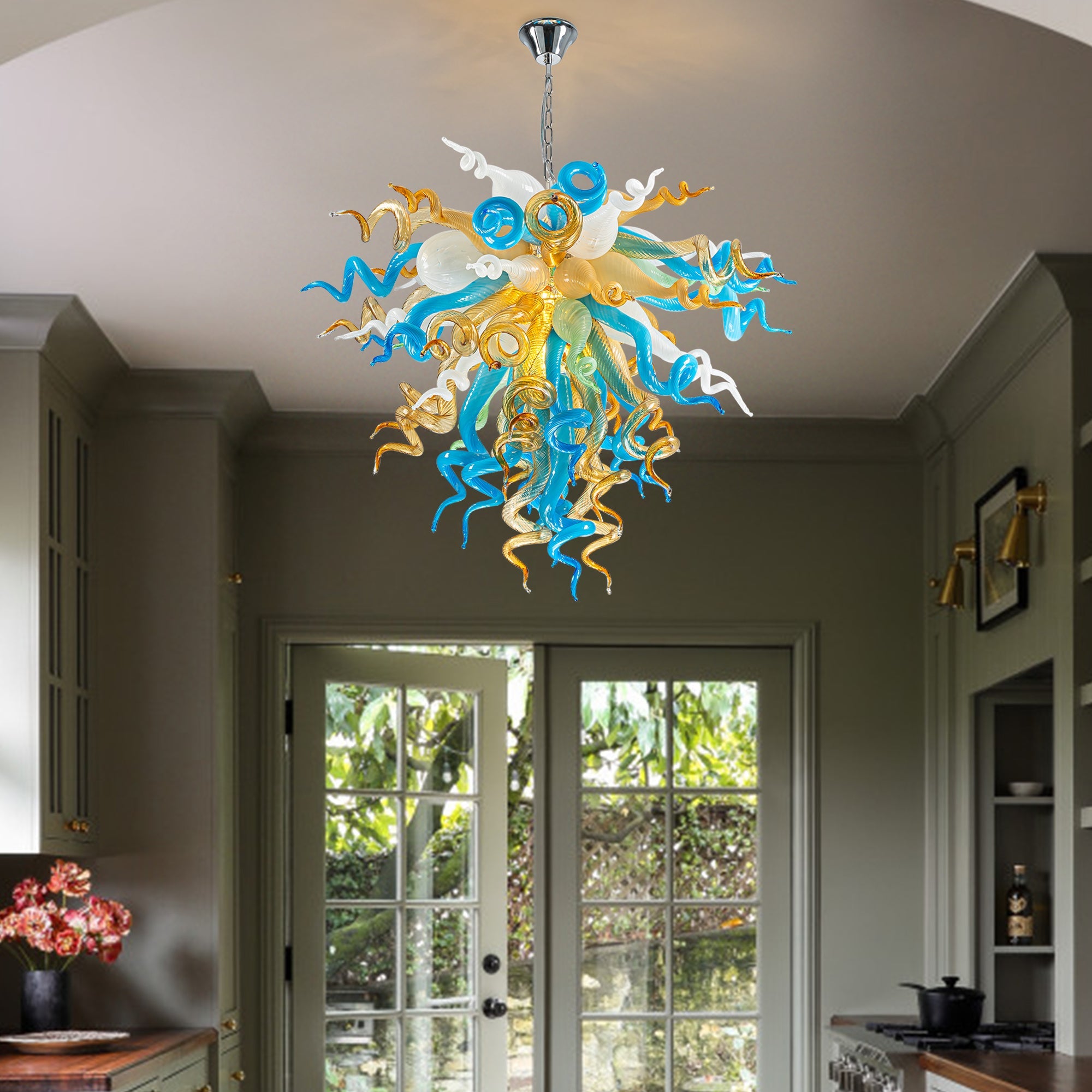 Coastal Elegance Murano Chandelier - Blue and Gold Artistic Lighting - BeyPan