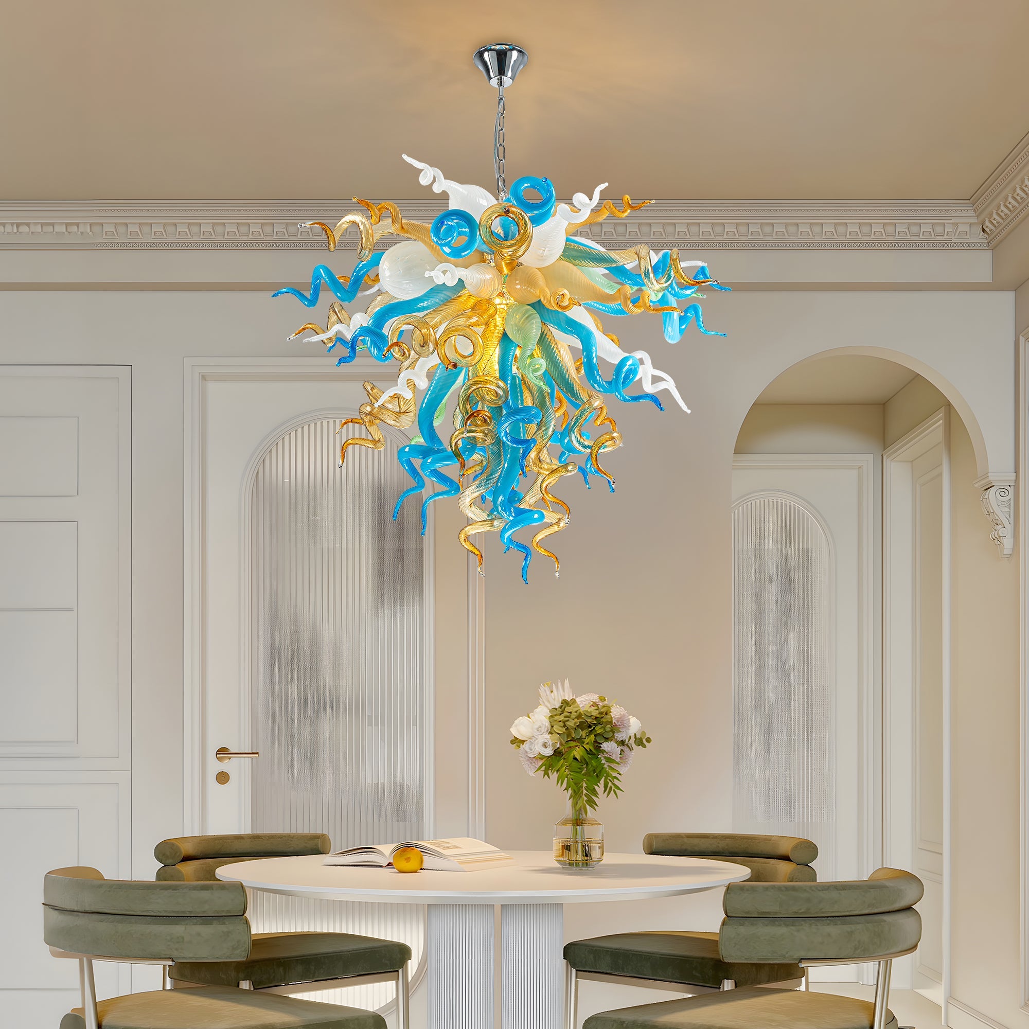 Coastal Elegance Murano Chandelier - Blue and Gold Artistic Lighting - BeyPan