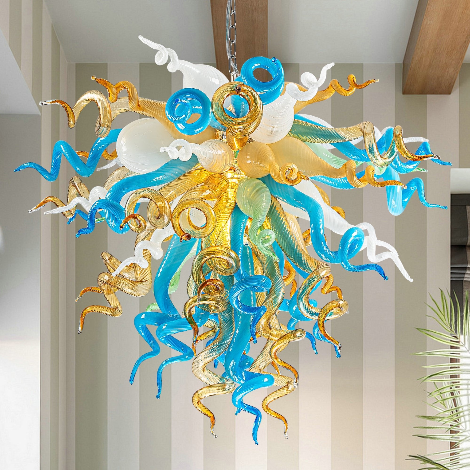Coastal Elegance Murano Chandelier - Blue and Gold Artistic Lighting - BeyPan