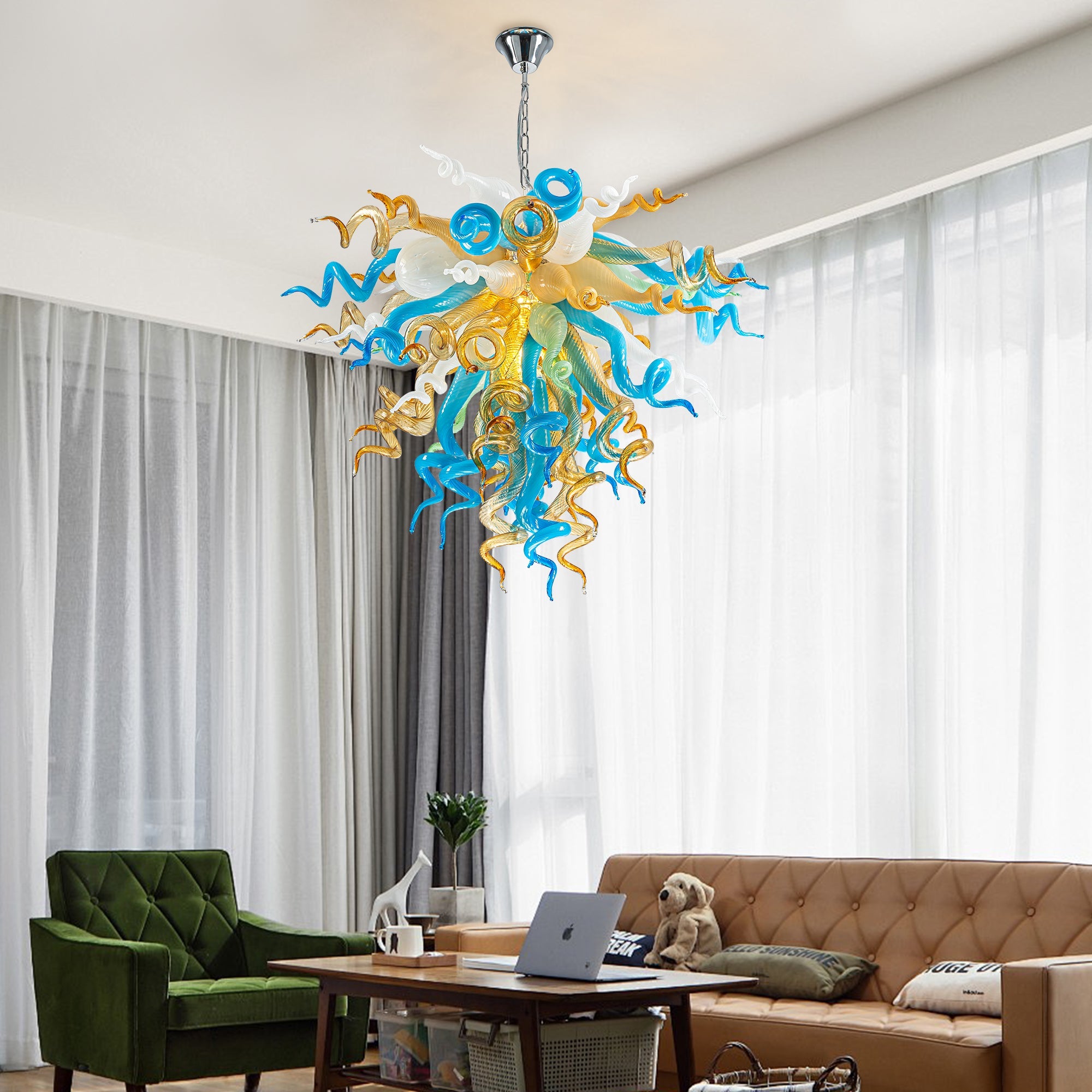 Coastal Elegance Murano Chandelier - Blue and Gold Artistic Lighting - BeyPan