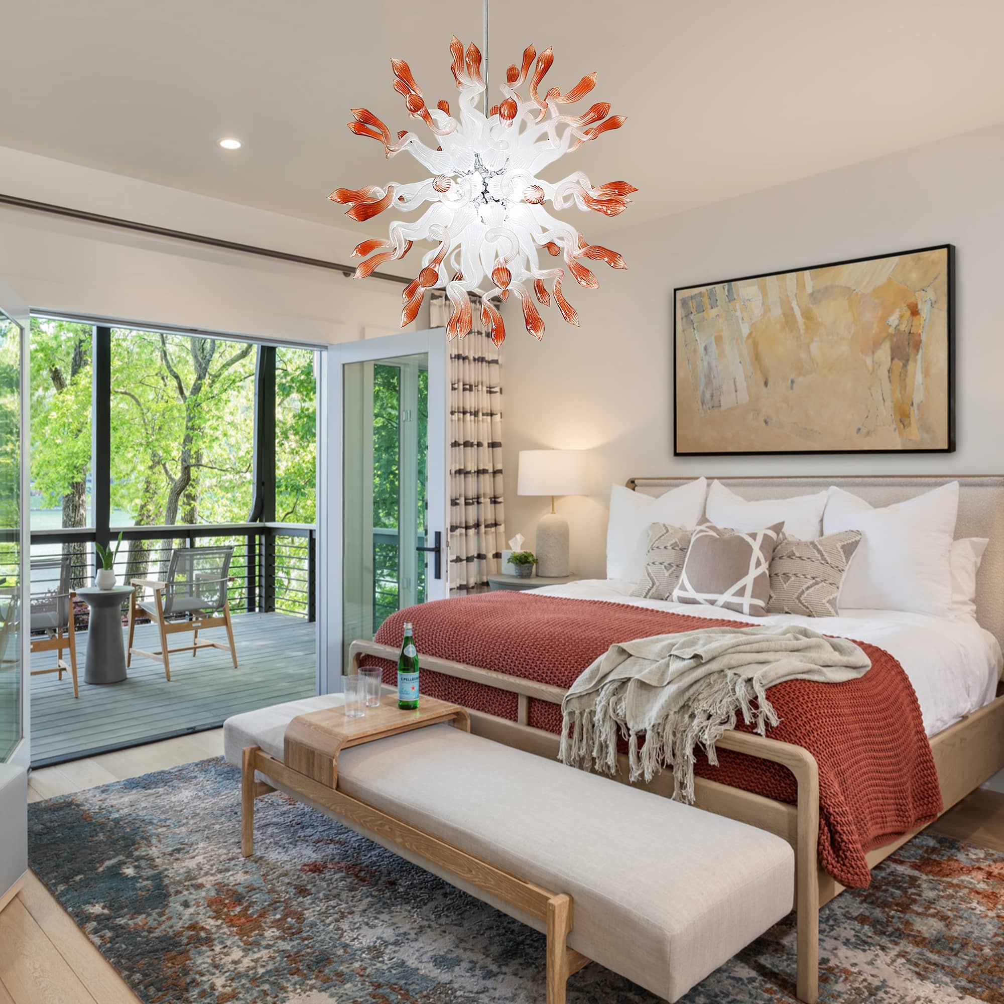 "Coral Mist" Large Sputnik-Style Hand-Blown Glass Chandelier - White with Coral Tips - BeyPan