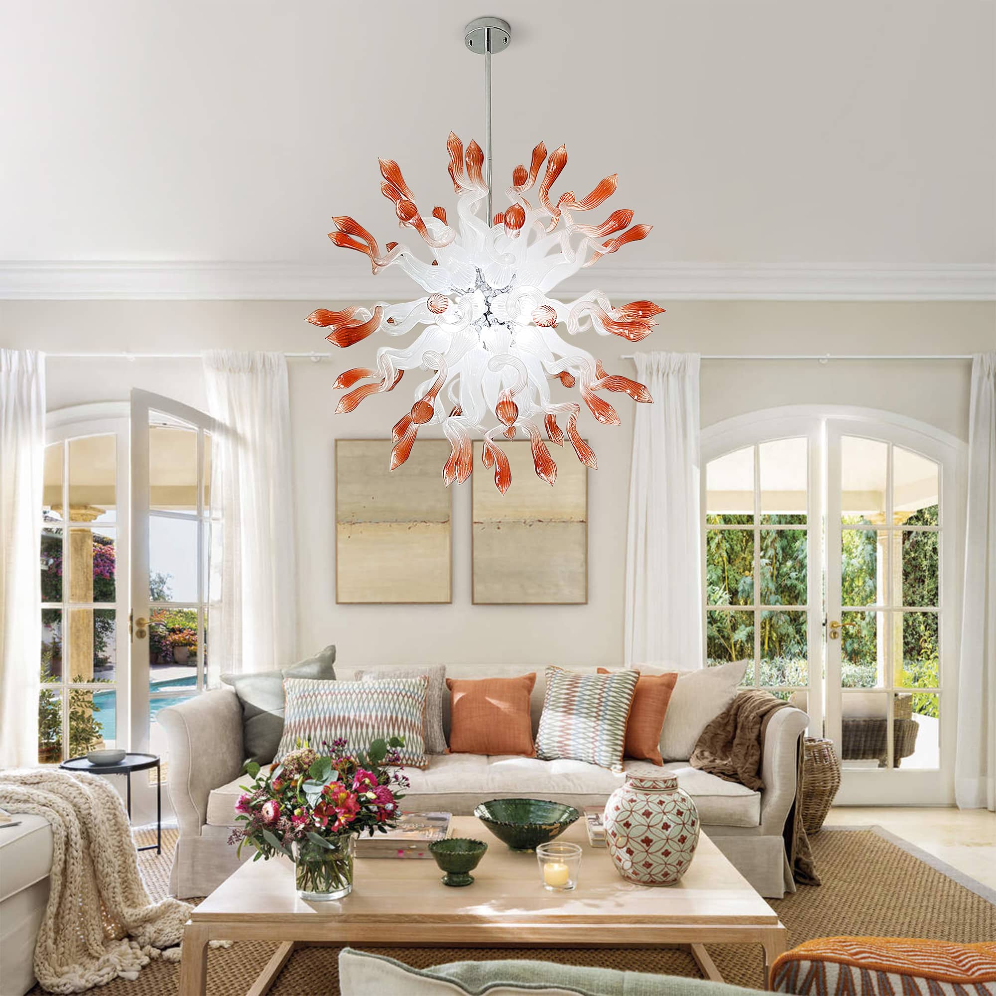 "Coral Mist" Large Sputnik-Style Hand-Blown Glass Chandelier - White with Coral Tips Zweitbild