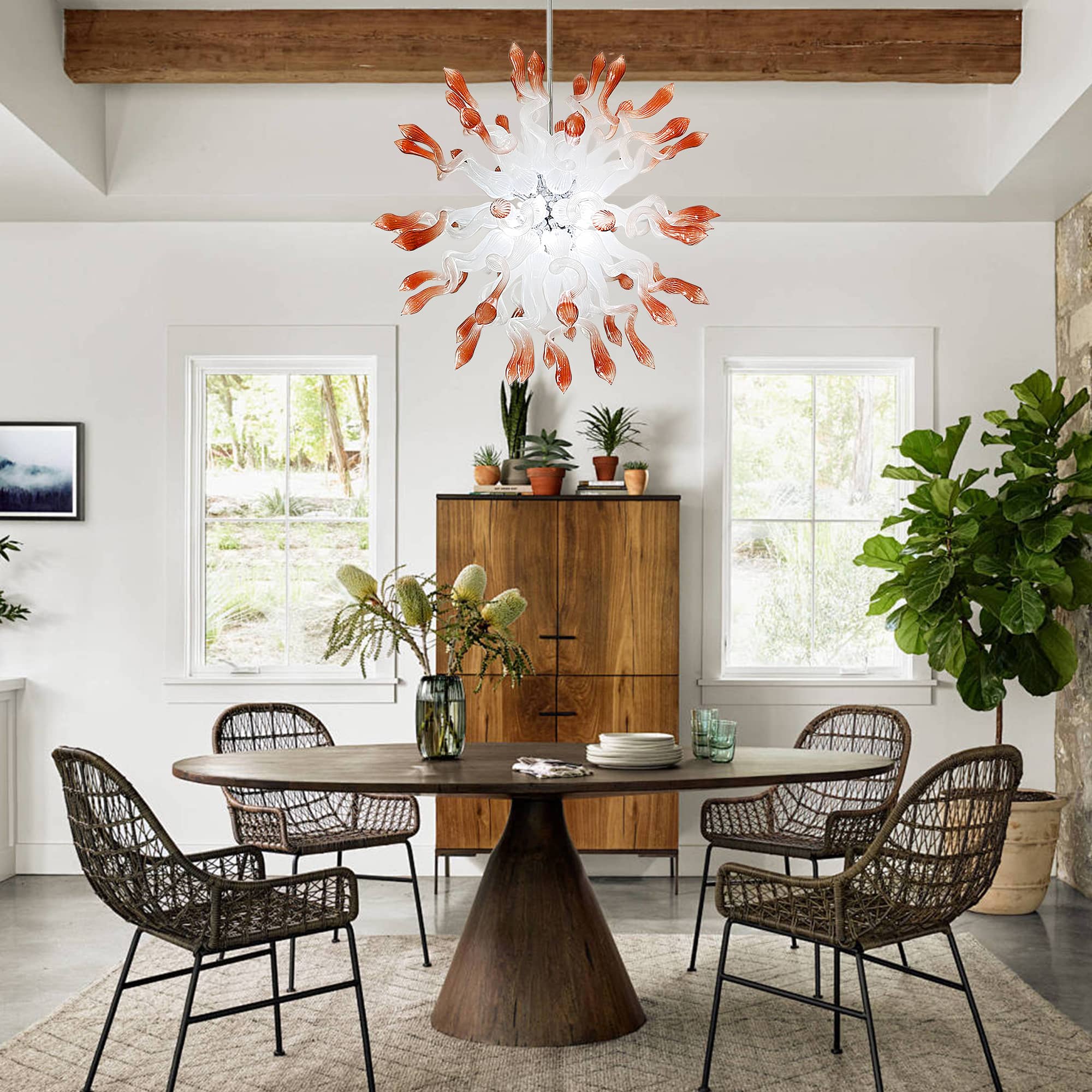 "Coral Mist" Large Sputnik-Style Hand-Blown Glass Chandelier - White with Coral Tips - BeyPan