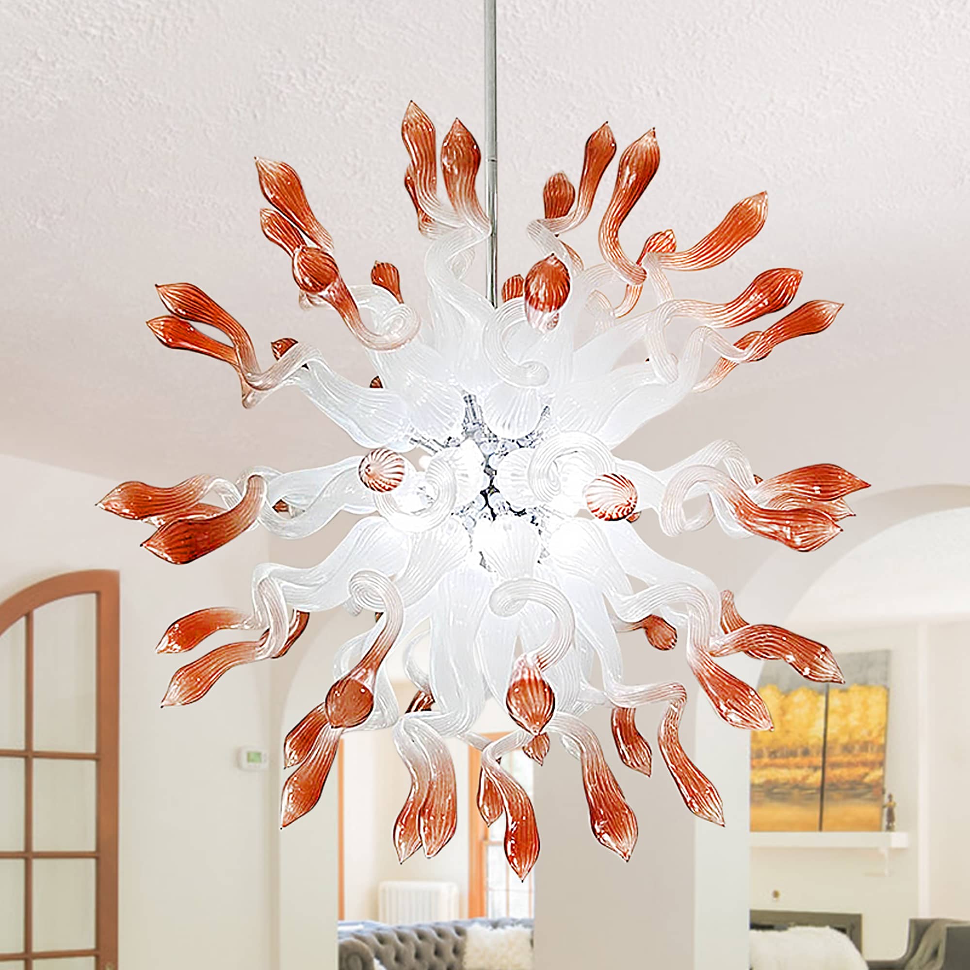 "Coral Mist" Large Sputnik-Style Hand-Blown Glass Chandelier - White with Coral Tips - BeyPan Hauptbild